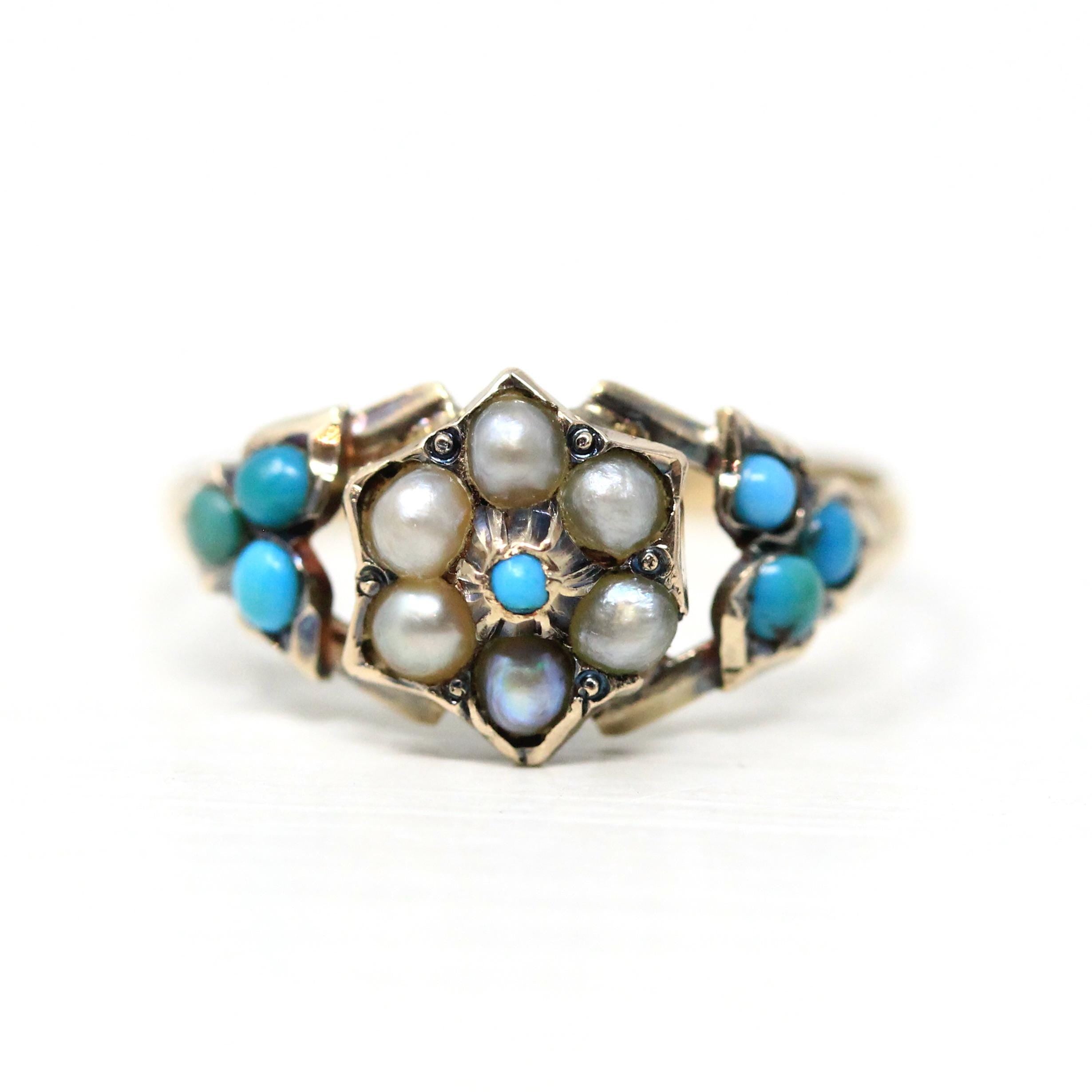 Antique Flower Ring - Victorian 10k Yellow Gold Turquoise and Pearl Gemstones - Vintage 1800s Cabochon Fine Secret Compartment Hair Jewelry
