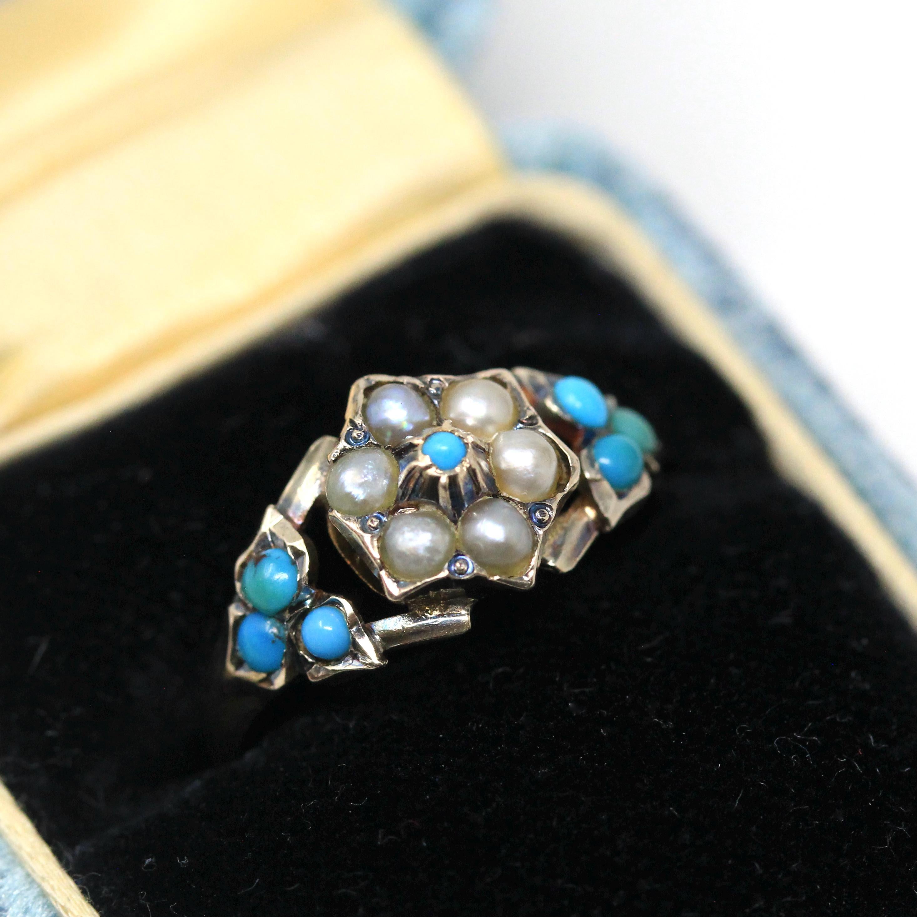Antique Flower Ring - Victorian 10k Yellow Gold Turquoise and Pearl Gemstones - Vintage 1800s Cabochon Fine Secret Compartment Hair Jewelry