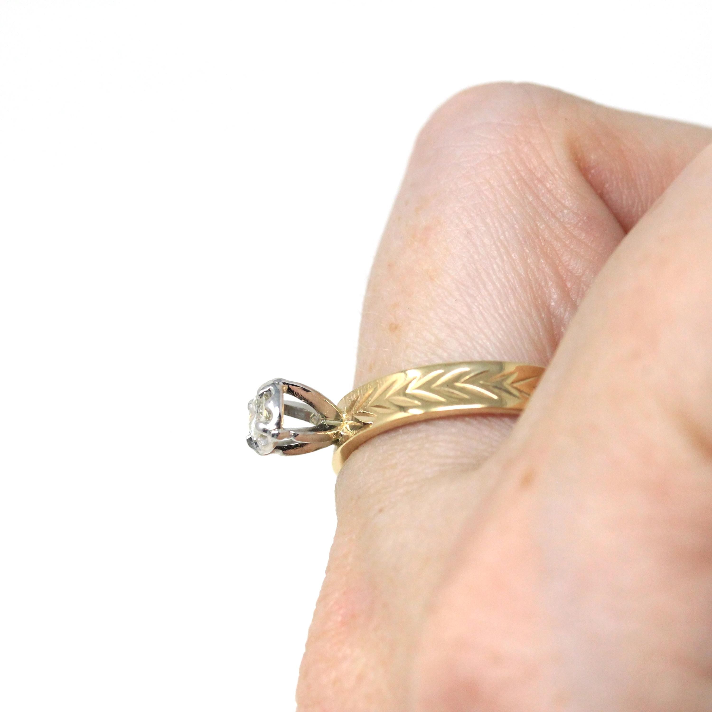 Vintage Diamond Ring - 14k Yellow & White Gold Round .17 CT Solitaire Engagement - Size 8 Retro Era 1990s Illusion Head Fine Wheat Jewelry