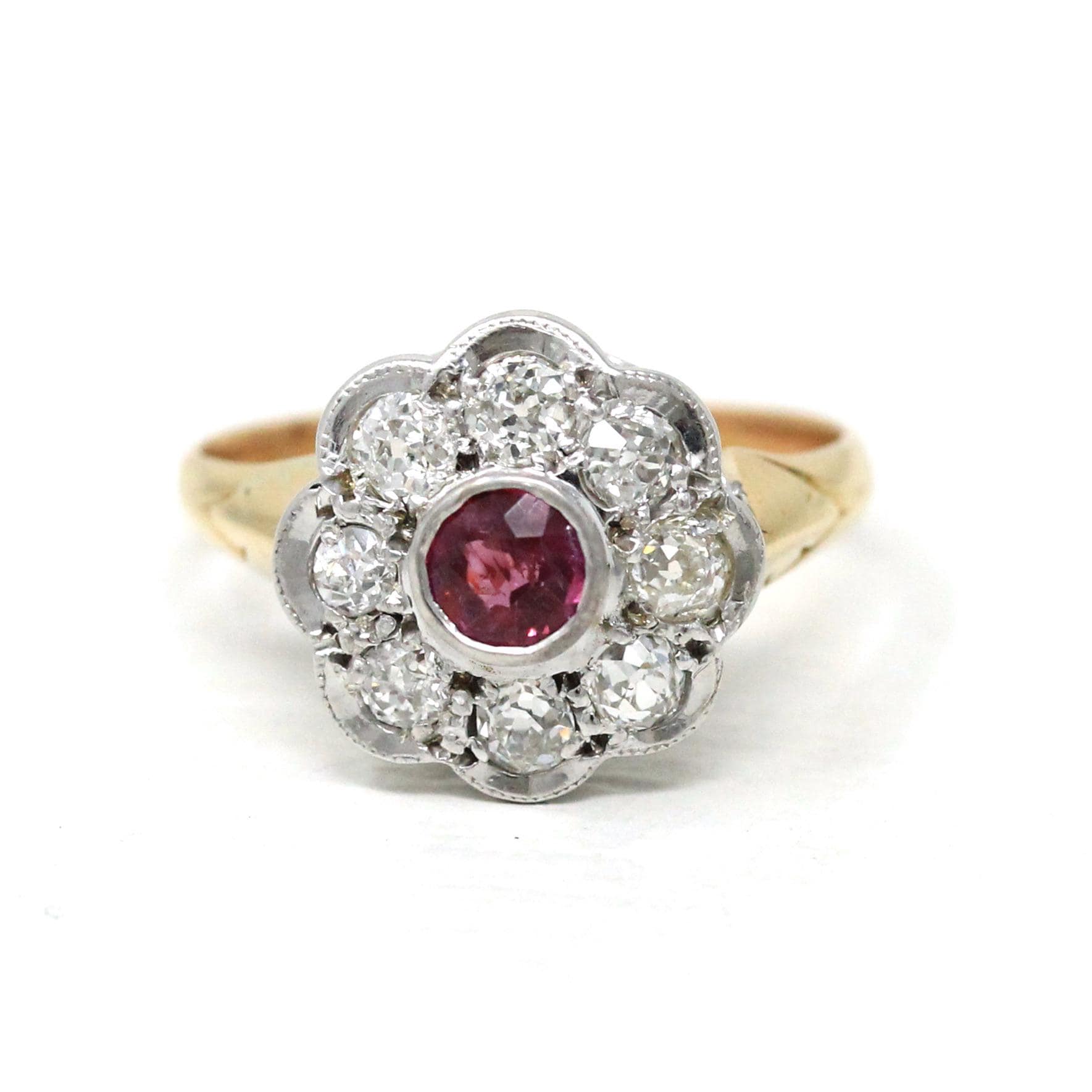 Art Deco Halo Ring - Antique 18k 10k Yellow White Gold Ruby Diamond Engagement - Vintage Hallmarked Birmingham 1922 Cluster Fine 20s Jewelry