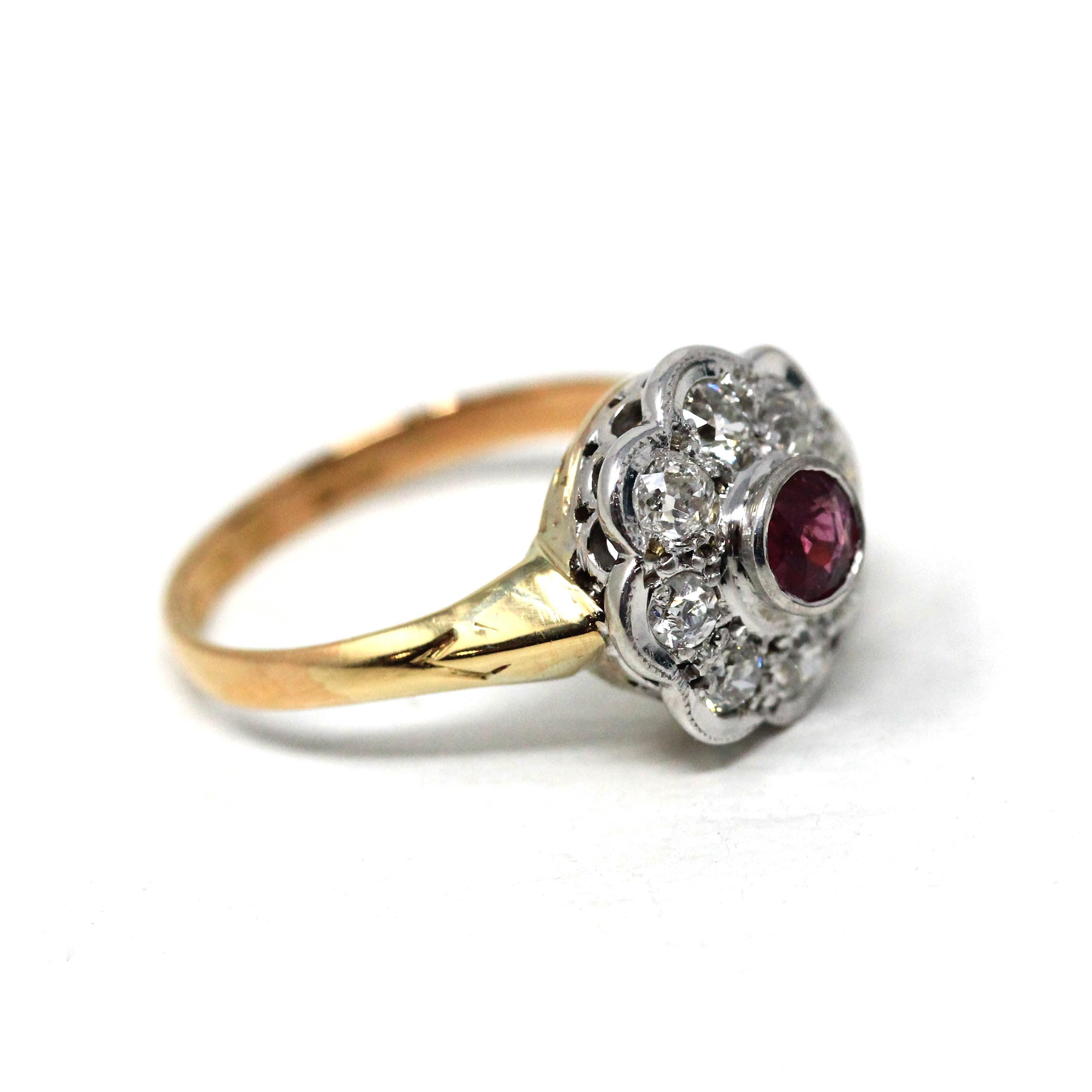 Art Deco Halo Ring - Antique 18k 10k Yellow White Gold Ruby Diamond Engagement - Vintage Hallmarked Birmingham 1922 Cluster Fine 20s Jewelry
