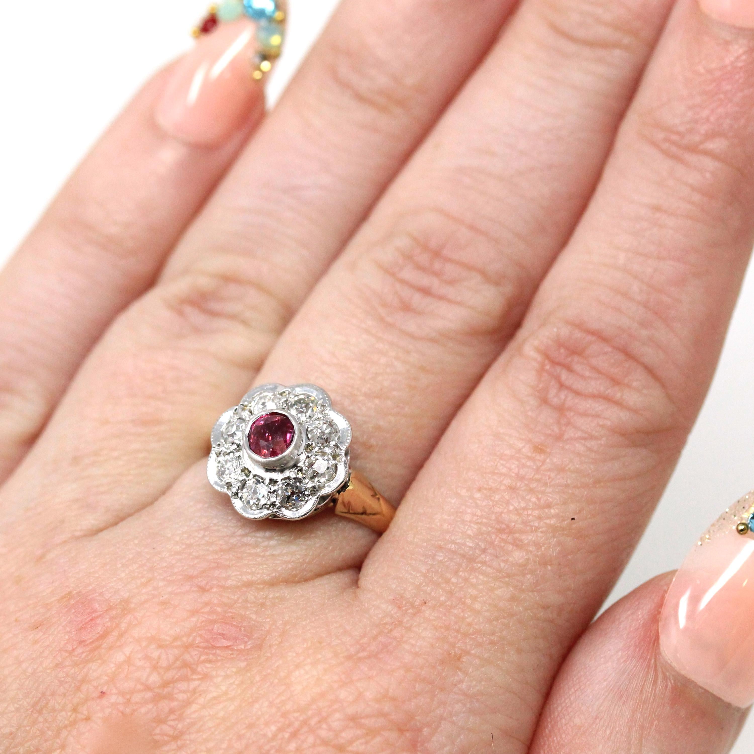 Art Deco Halo Ring - Antique 18k 10k Yellow White Gold Ruby Diamond Engagement - Vintage Hallmarked Birmingham 1922 Cluster Fine 20s Jewelry