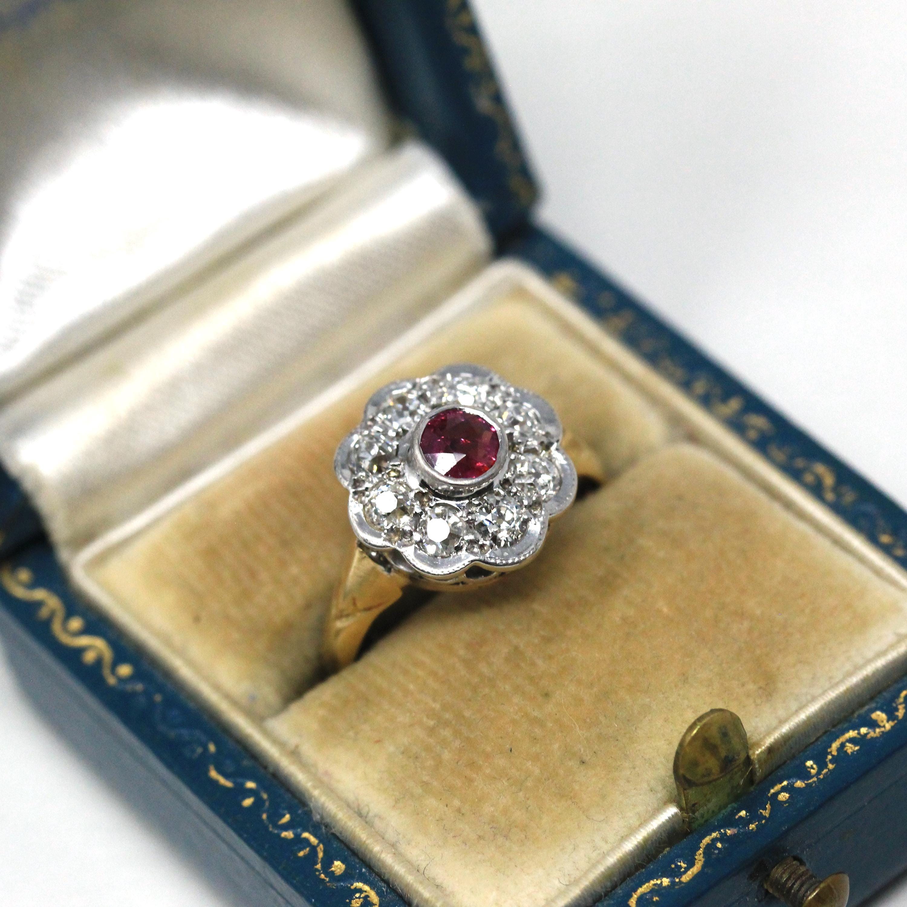 Art Deco Halo Ring - Antique 18k 10k Yellow White Gold Ruby Diamond Engagement - Vintage Hallmarked Birmingham 1922 Cluster Fine 20s Jewelry