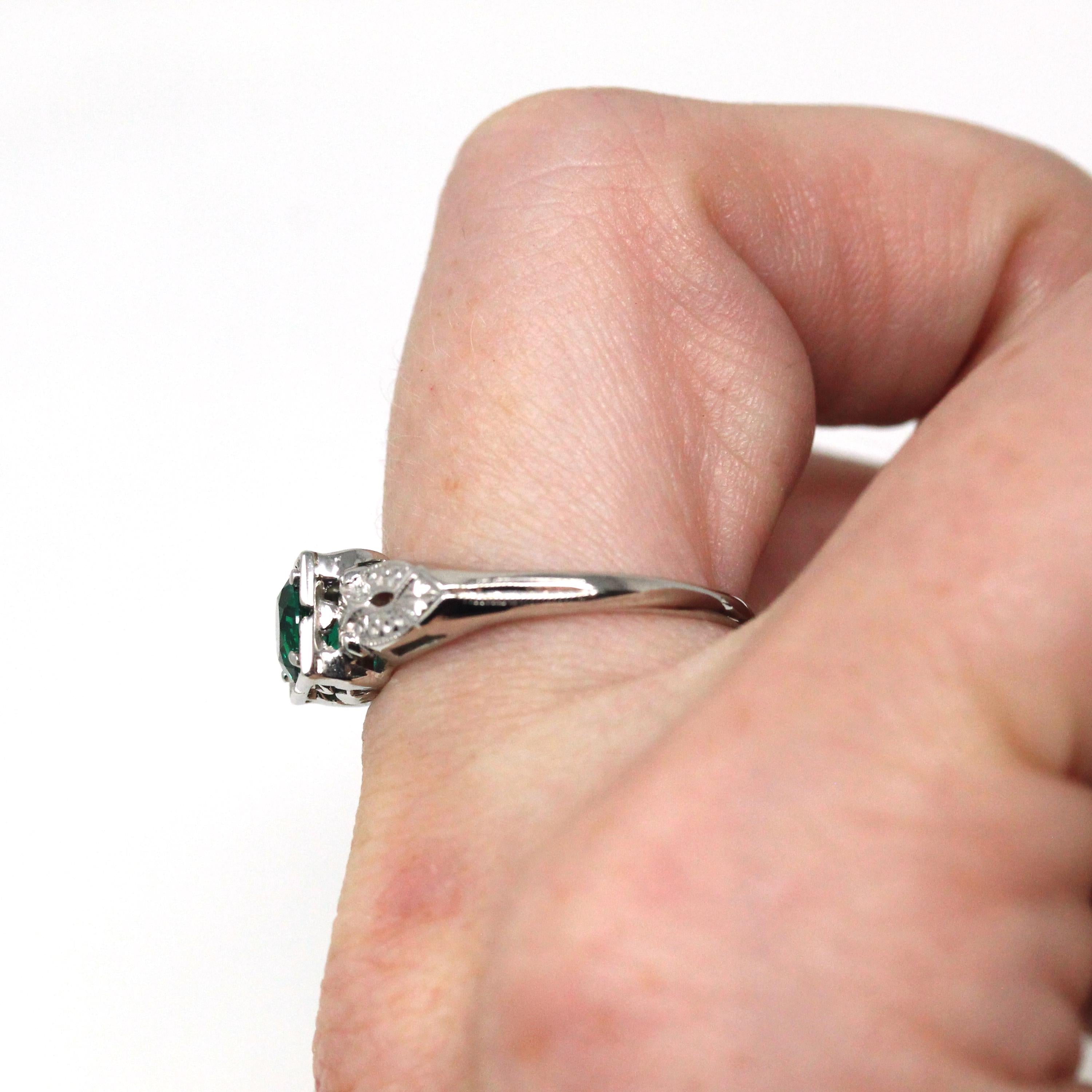 Mid Century Ring - Vintage 14k White Gold Square Set Round Created Emerald Gemstone - Circa 1950s Era Size 6 3/4 Green Gem Fine 50s Jewelry