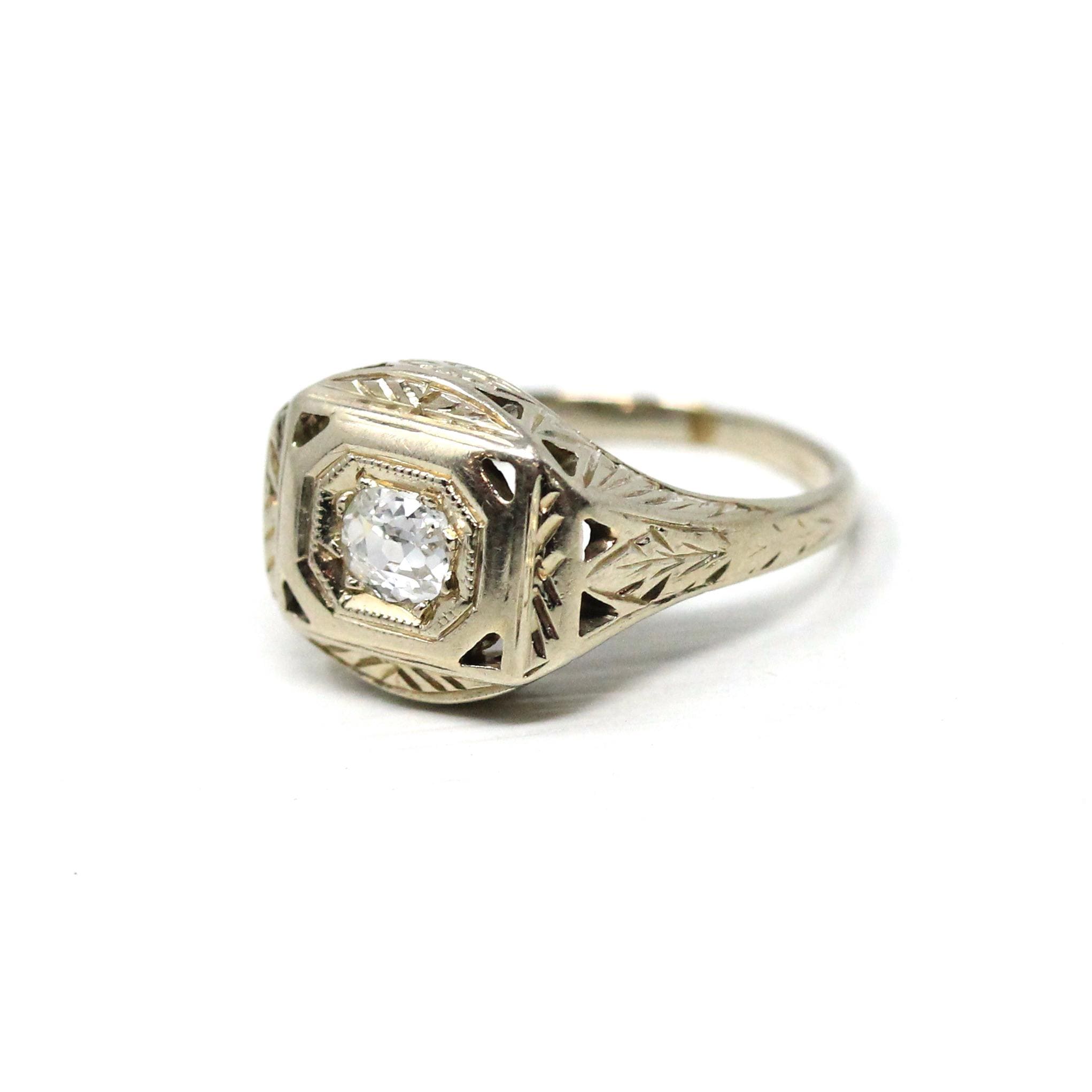 Old Mine Cut Diamond Ring - Art Deco Era 14k White Gold .20 CT Natural Gem - Vintage Circa 1930s Size 3.5 Engraved Fine Bridal Jewelry