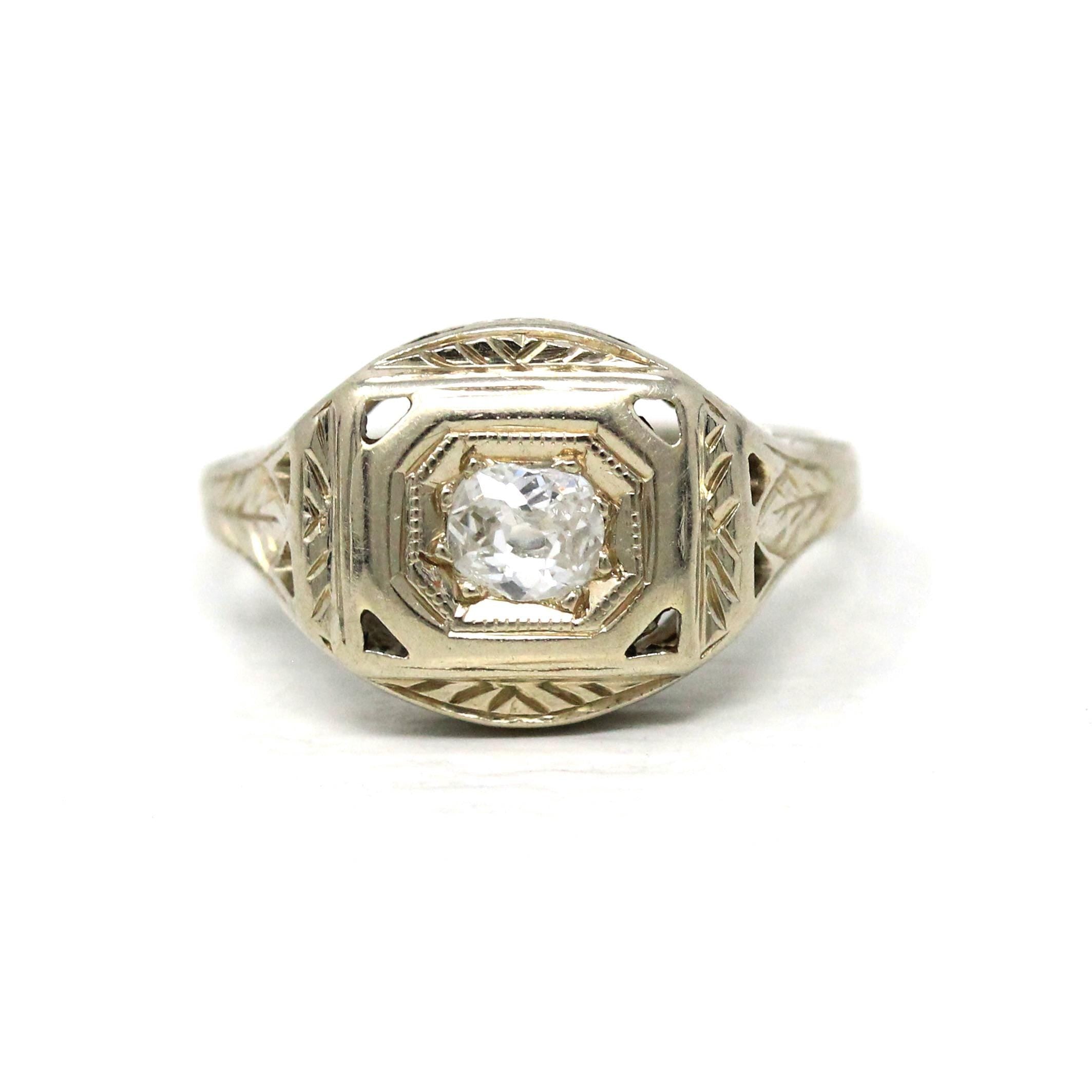 Old Mine Cut Diamond Ring - Art Deco Era 14k White Gold .20 CT Natural Gem - Vintage Circa 1930s Size 3.5 Engraved Fine Bridal Jewelry