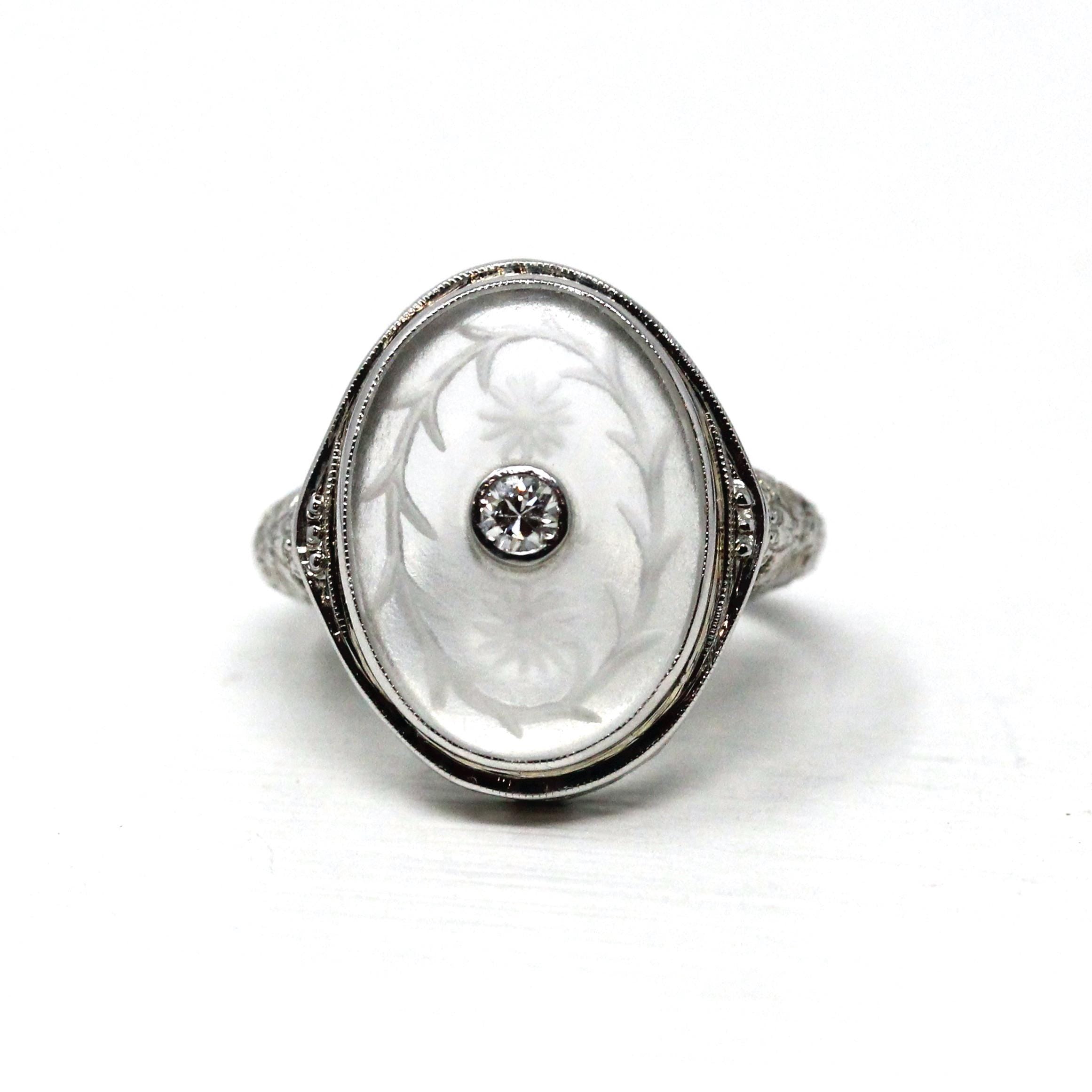 Rock Crystal Quartz Ring - Vintage 18k White Gold Filigree Diamond Statement - Art Deco 1930s Size 4 1/2 Camphor Glass Style Fine Jewelry