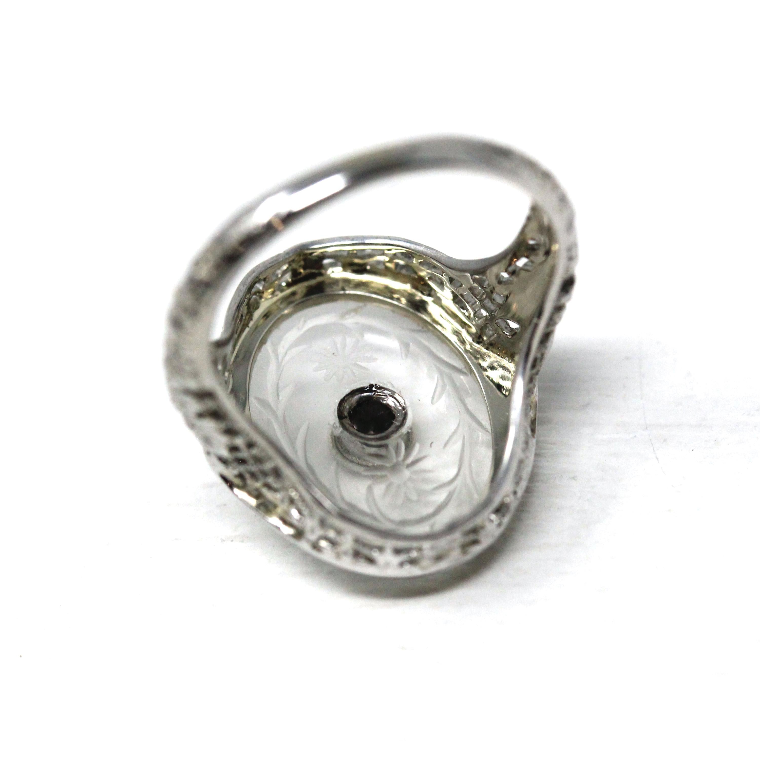 Rock Crystal Quartz Ring - Vintage 18k White Gold Filigree Diamond Statement - Art Deco 1930s Size 4 1/2 Camphor Glass Style Fine Jewelry