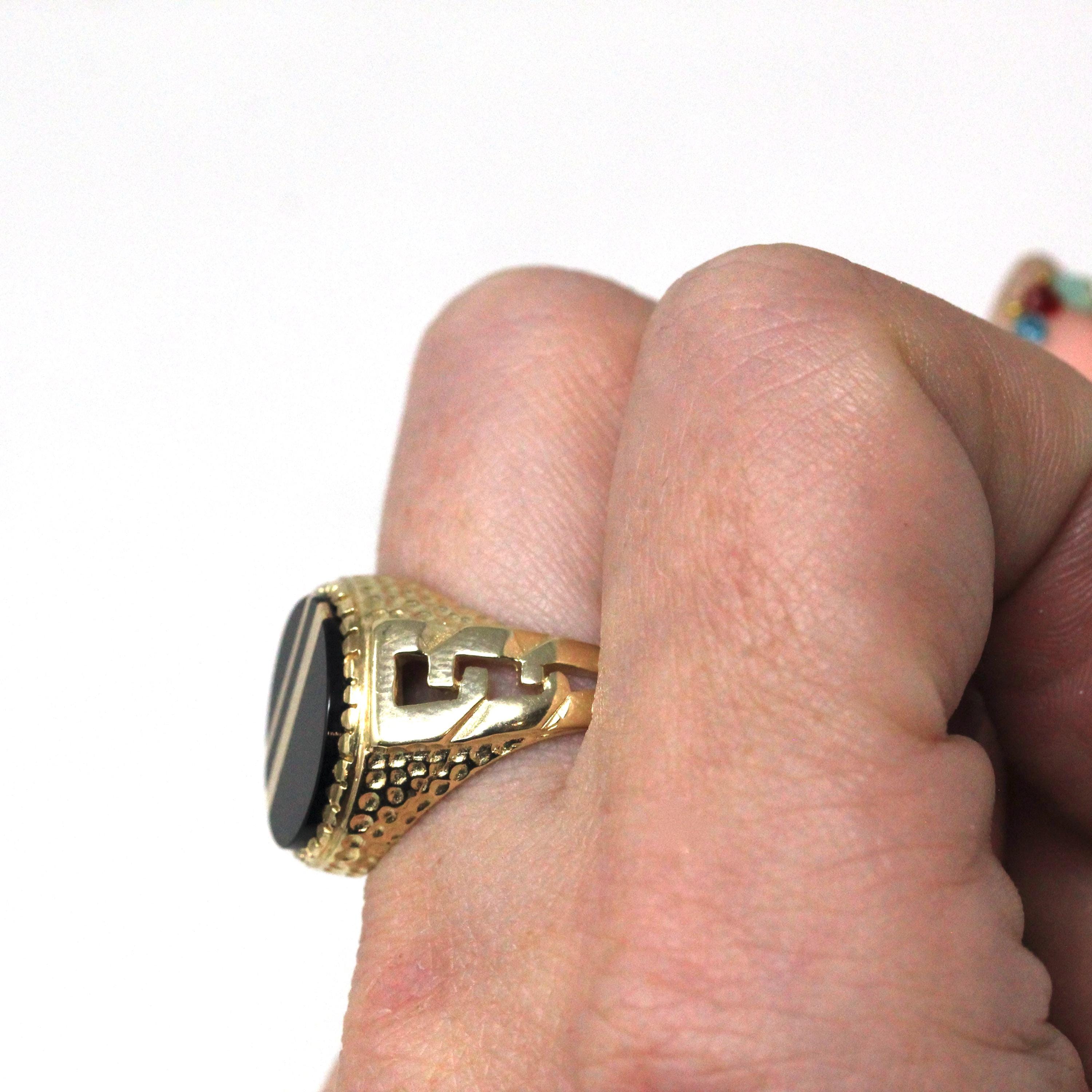 Onyx Signet Ring - English 9k Yellow Gold Oval Black Chalcedony Gem - Size 9 Vintage Unisex Statement Fine Greek Key Diagonal Line Jewelry