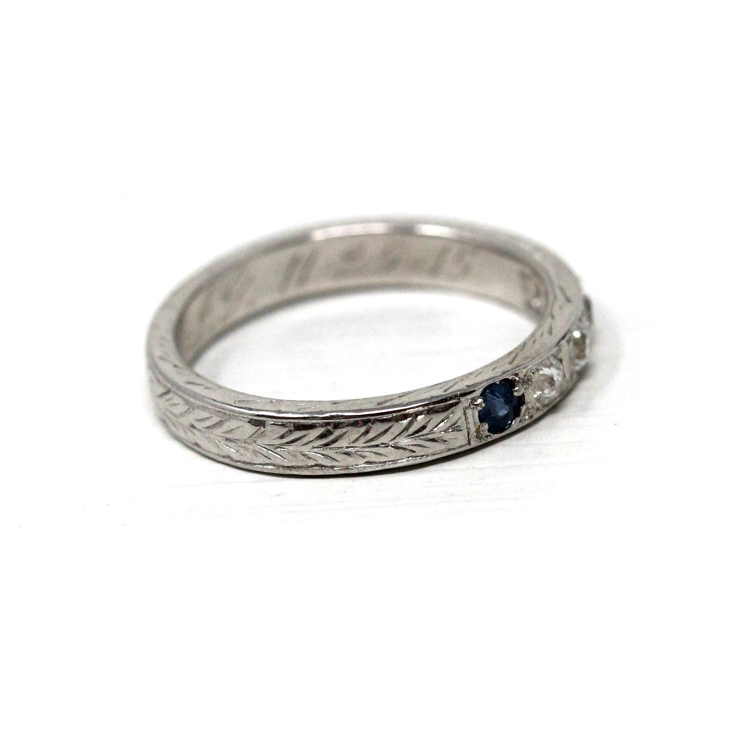 Sapphire & Diamond Band - Art Deco 1925 18k White Gold Eternity Style Wheat Engraving Ring - Dated 1920s Size 5 3/4 Fine Bridal Jewelry
