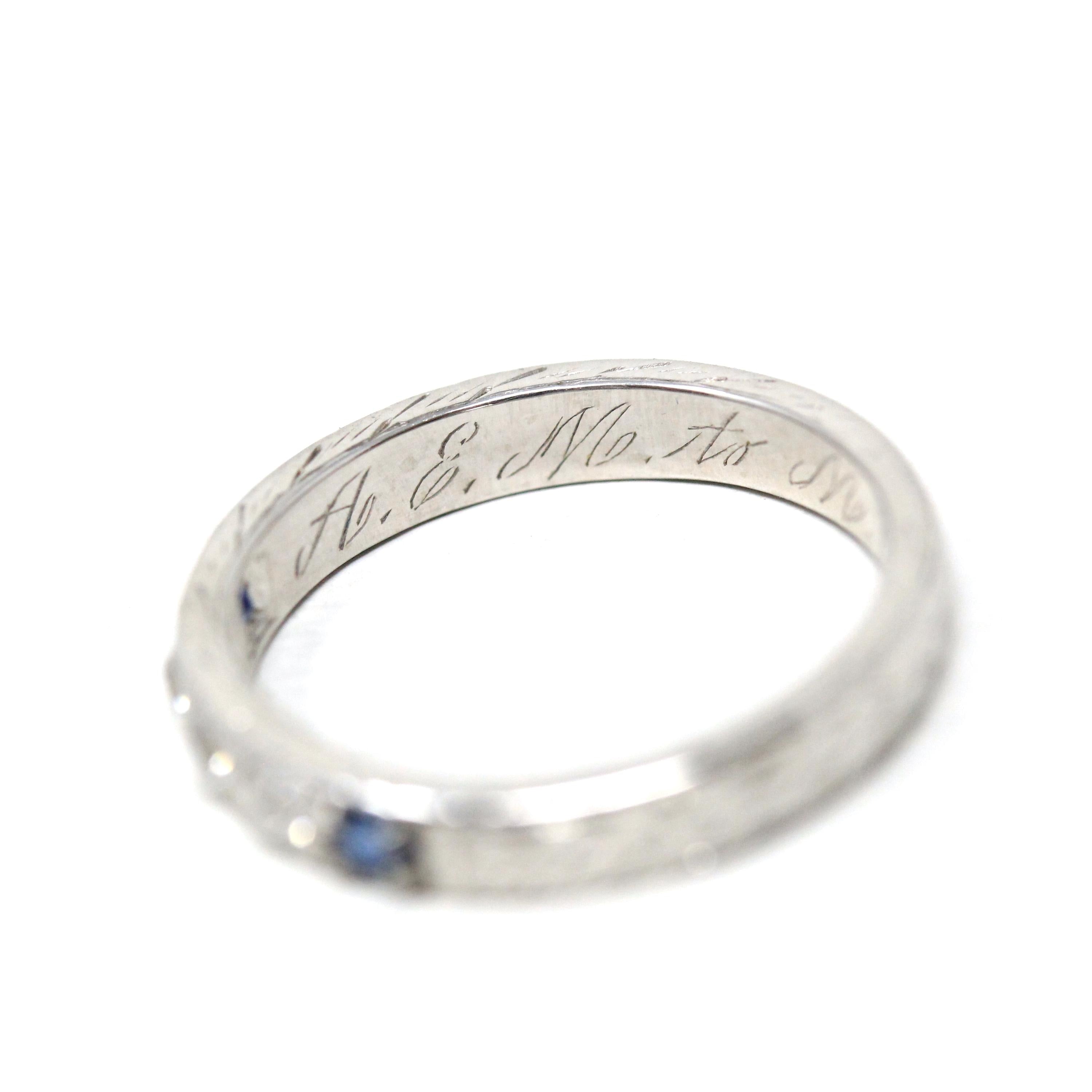 Sapphire & Diamond Band - Art Deco 1925 18k White Gold Eternity Style Wheat Engraving Ring - Dated 1920s Size 5 3/4 Fine Bridal Jewelry