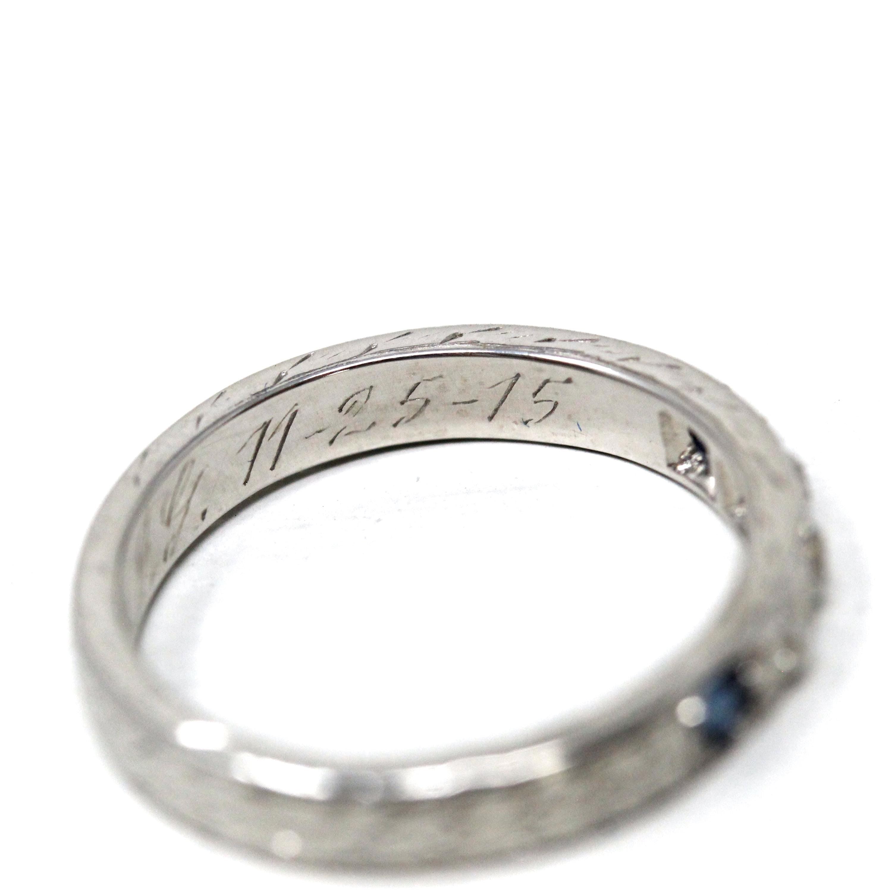 Sapphire & Diamond Band - Art Deco 1925 18k White Gold Eternity Style Wheat Engraving Ring - Dated 1920s Size 5 3/4 Fine Bridal Jewelry