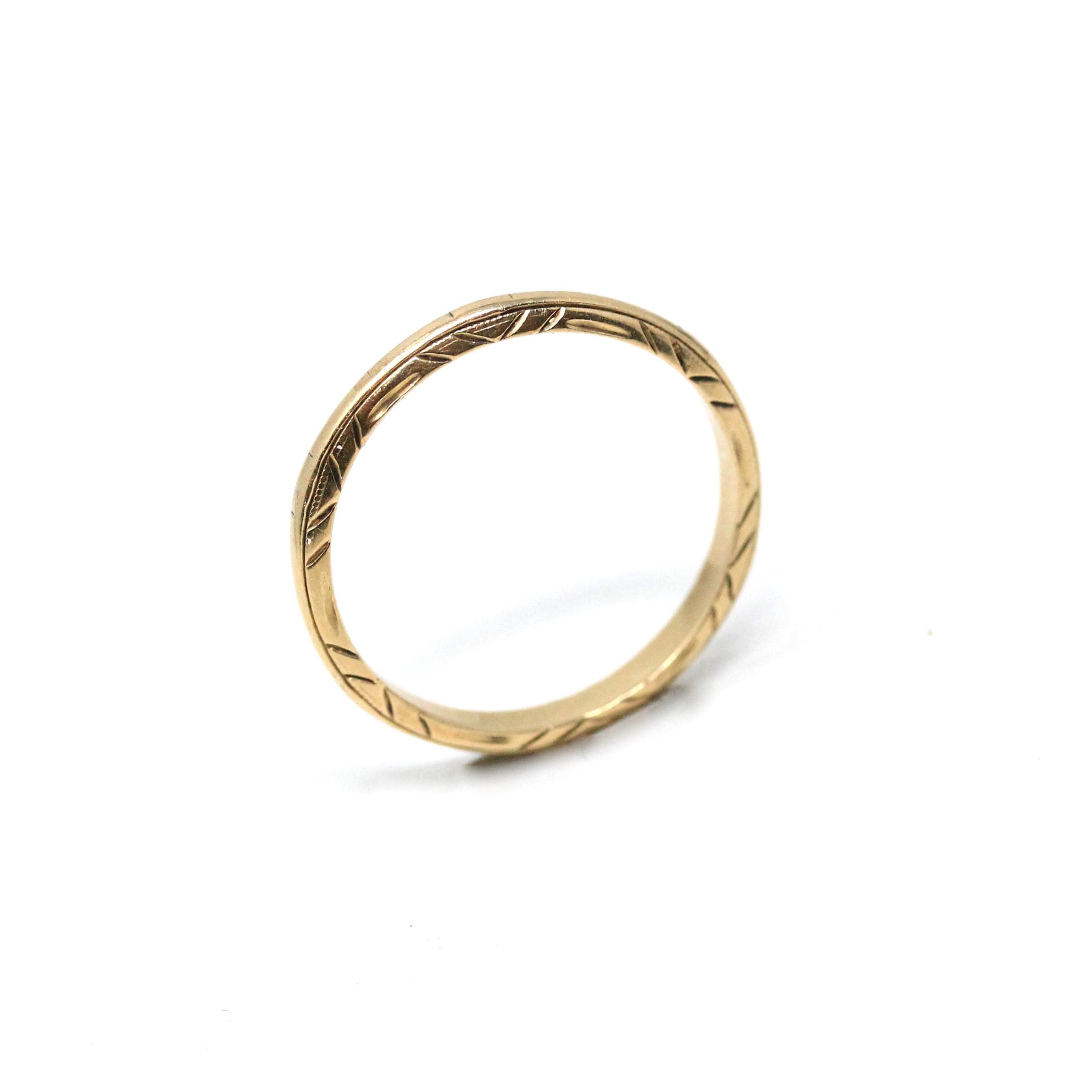 Retro Eternity Band - Circa 1940s 14k Yellow Gold Textured Statement Band - Vintage Size 5 3/4 Diagonal Etched Pattern Fine 40s Era Jewelry