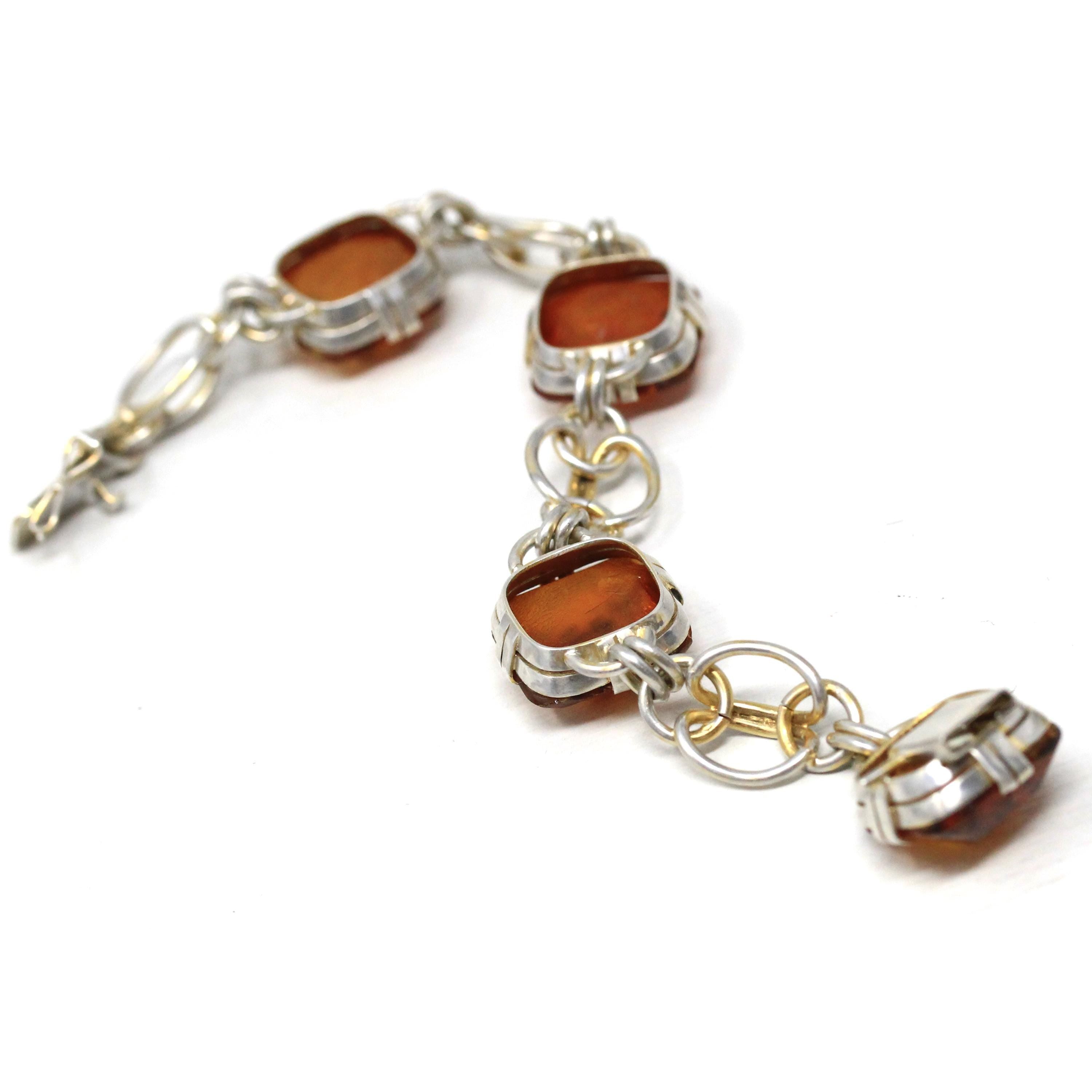 Vintage Amber Bracelet - Retro Era Sterling Silver Cushion Carved Faceted Amber Gemstones - Circa 1990s Tree Resin Fashion Accessory Jewelry