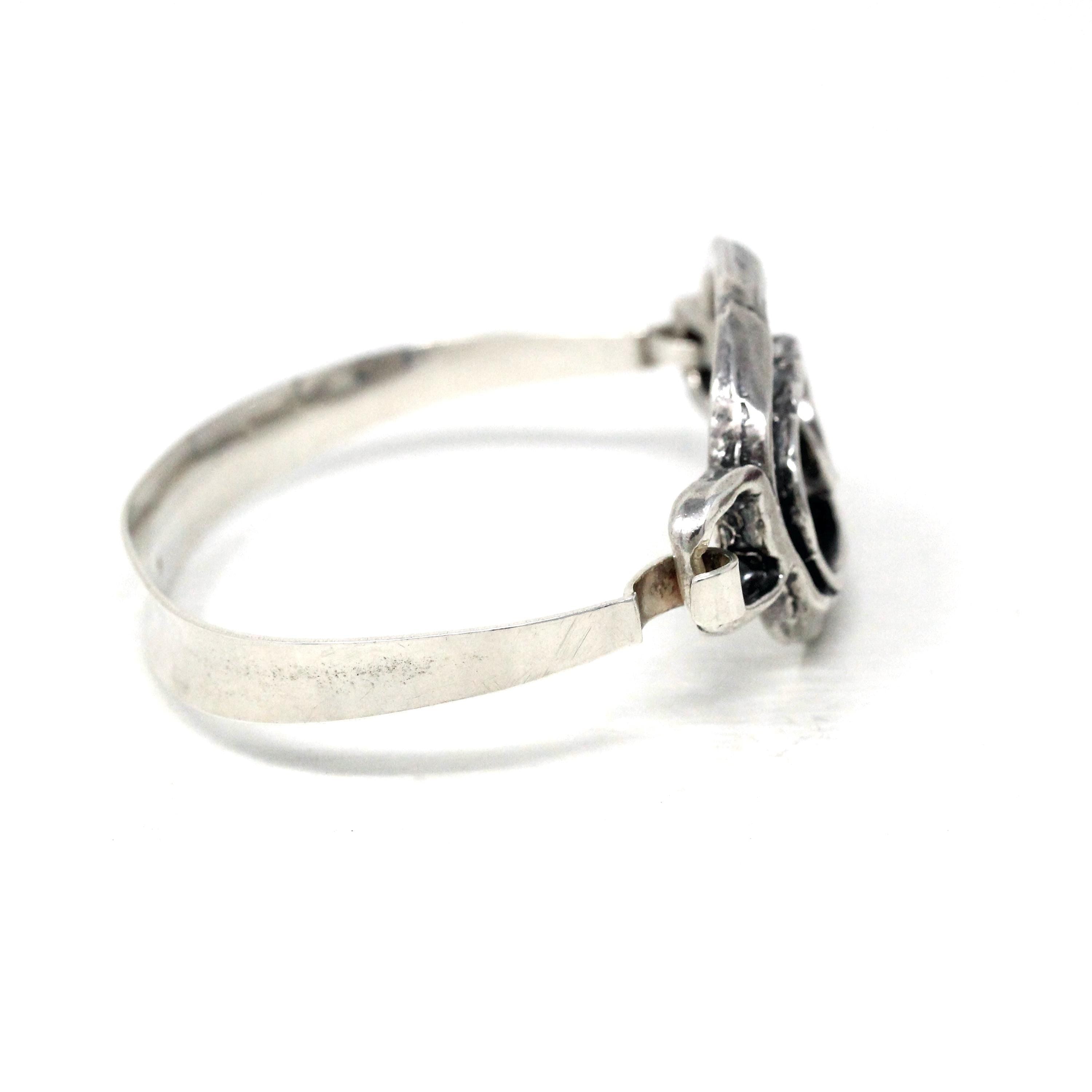 Vintage Swirl Bangle Bracelet - Retro Sterling Silver Organic Shape Funky Clasp Statement - Circa 1970s Era Fashion Accessory 70s Jewelry