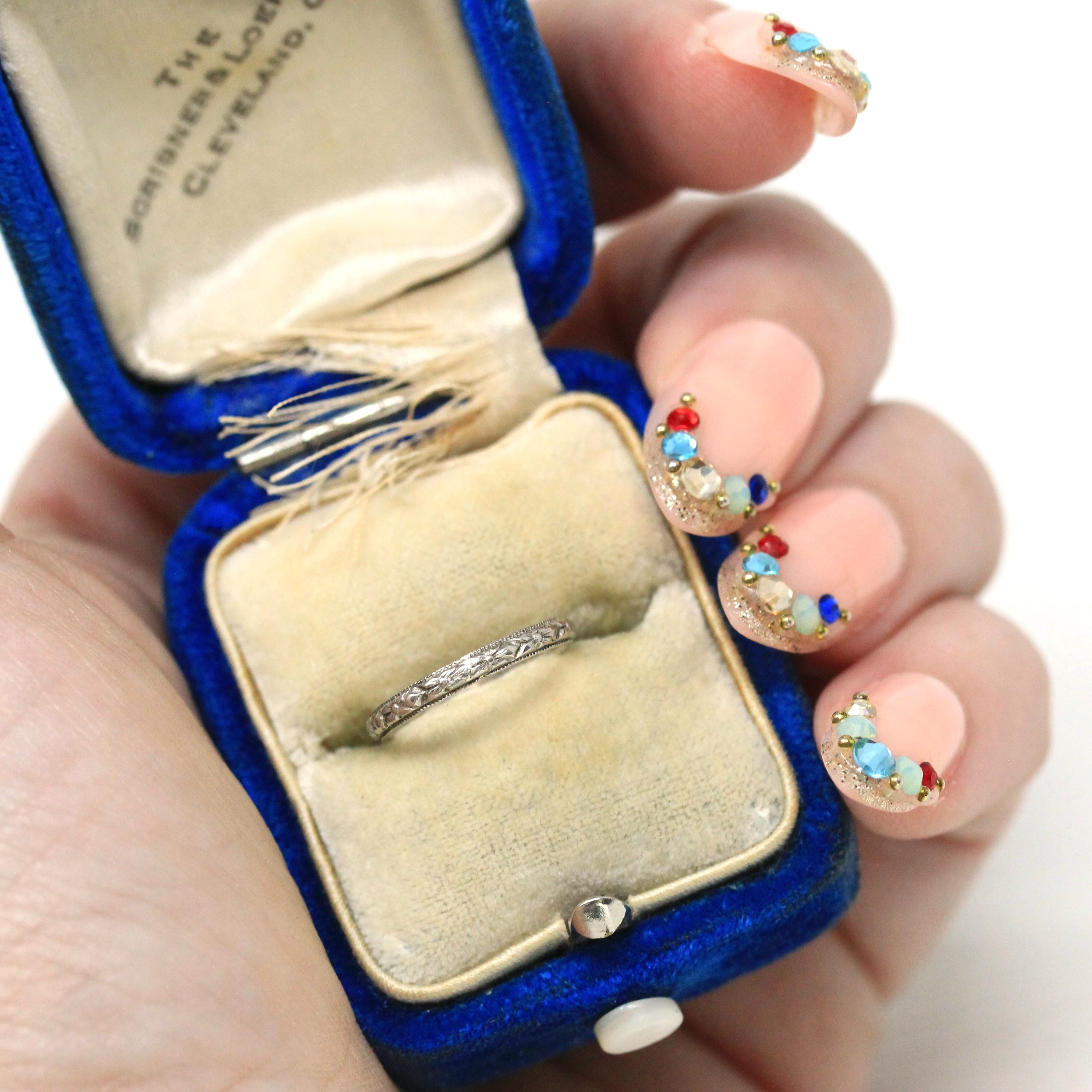 Vintage Baby Band - Art Deco 10k White Gold Orange Blossom Eternity Patterned Ring - Circa 1930s Era Size 1/2 Dainty Fine 30s Fine Jewelry