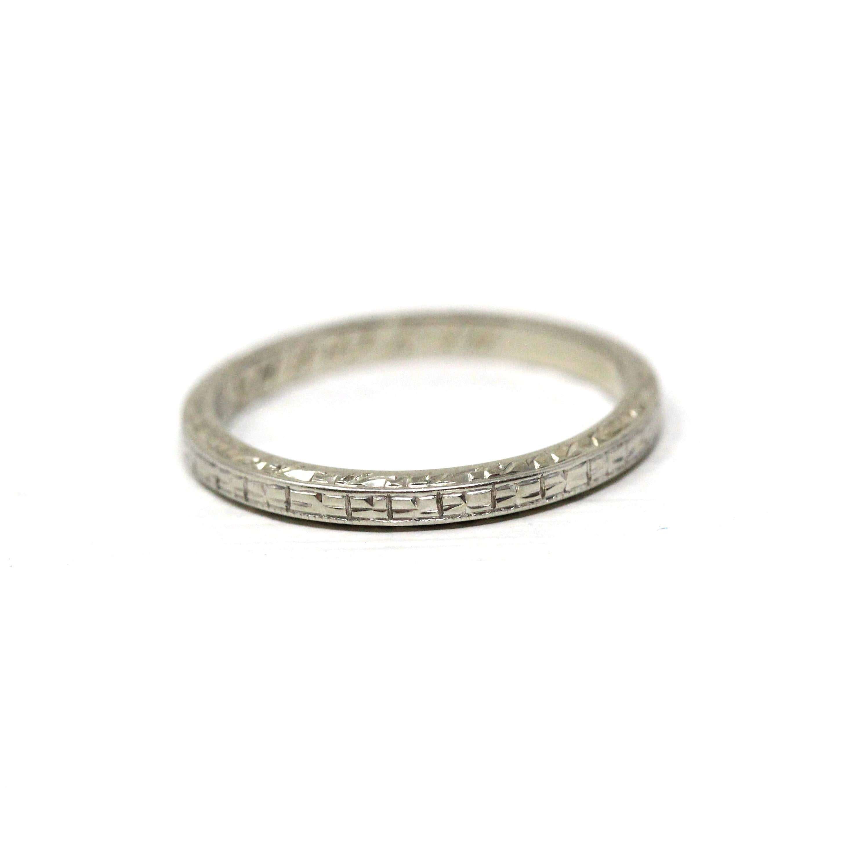 Antique Wedding Band - Art Deco Era 18k White Gold Eternity Design Ring - Vintage Dated 1934 Size 4 3/4 Stacking Bridal Fine 1930s Jewelry