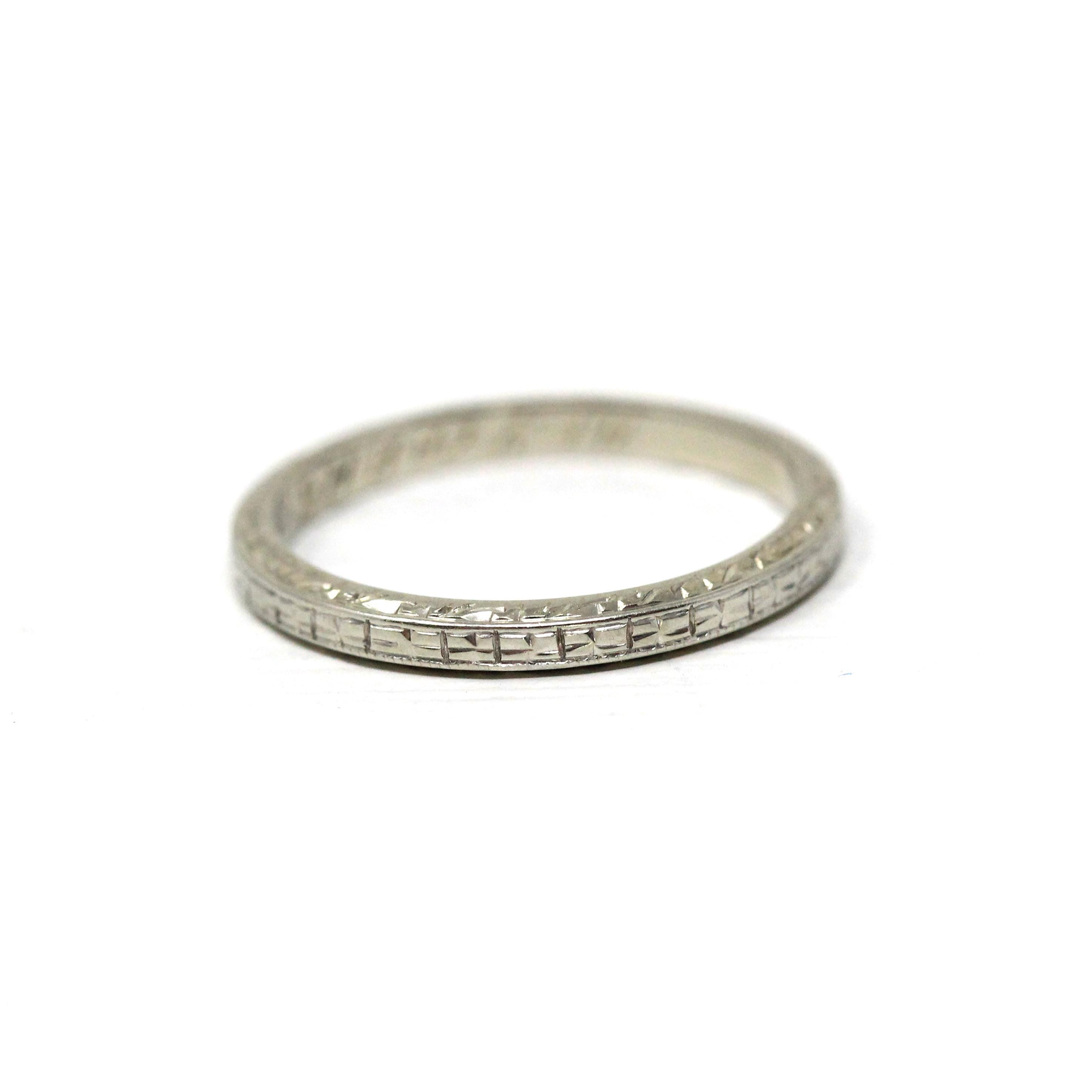 Antique Wedding Band - Art Deco Era 18k White Gold Eternity Design Ring - Vintage Dated 1934 Size 4 3/4 Stacking Bridal Fine 1930s Jewelry