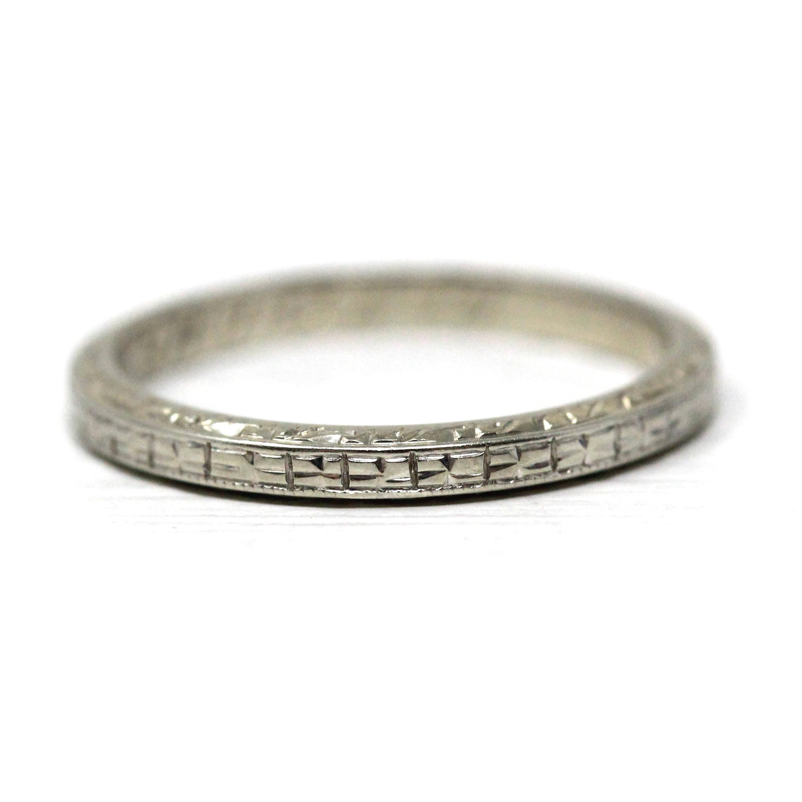 Antique Wedding Band - Art Deco Era 18k White Gold Eternity Design Ring - Vintage Dated 1934 Size 4 3/4 Stacking Bridal Fine 1930s Jewelry