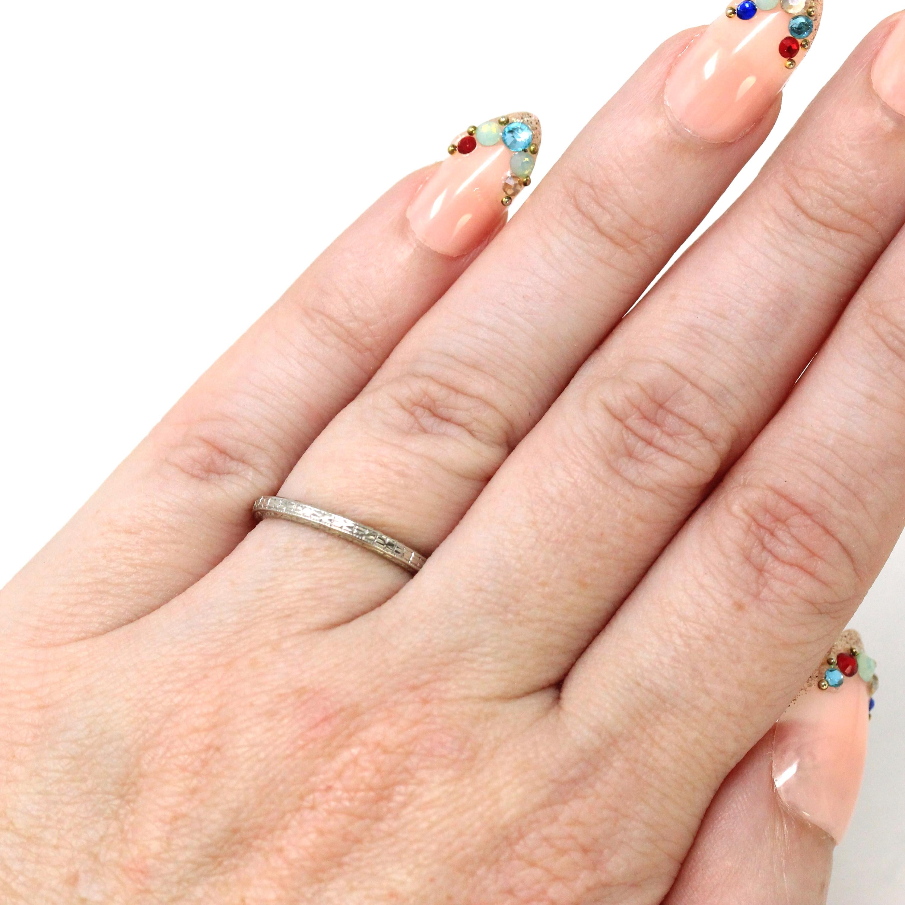 Antique Wedding Band - Art Deco Era 18k White Gold Eternity Design Ring - Vintage Dated 1934 Size 4 3/4 Stacking Bridal Fine 1930s Jewelry