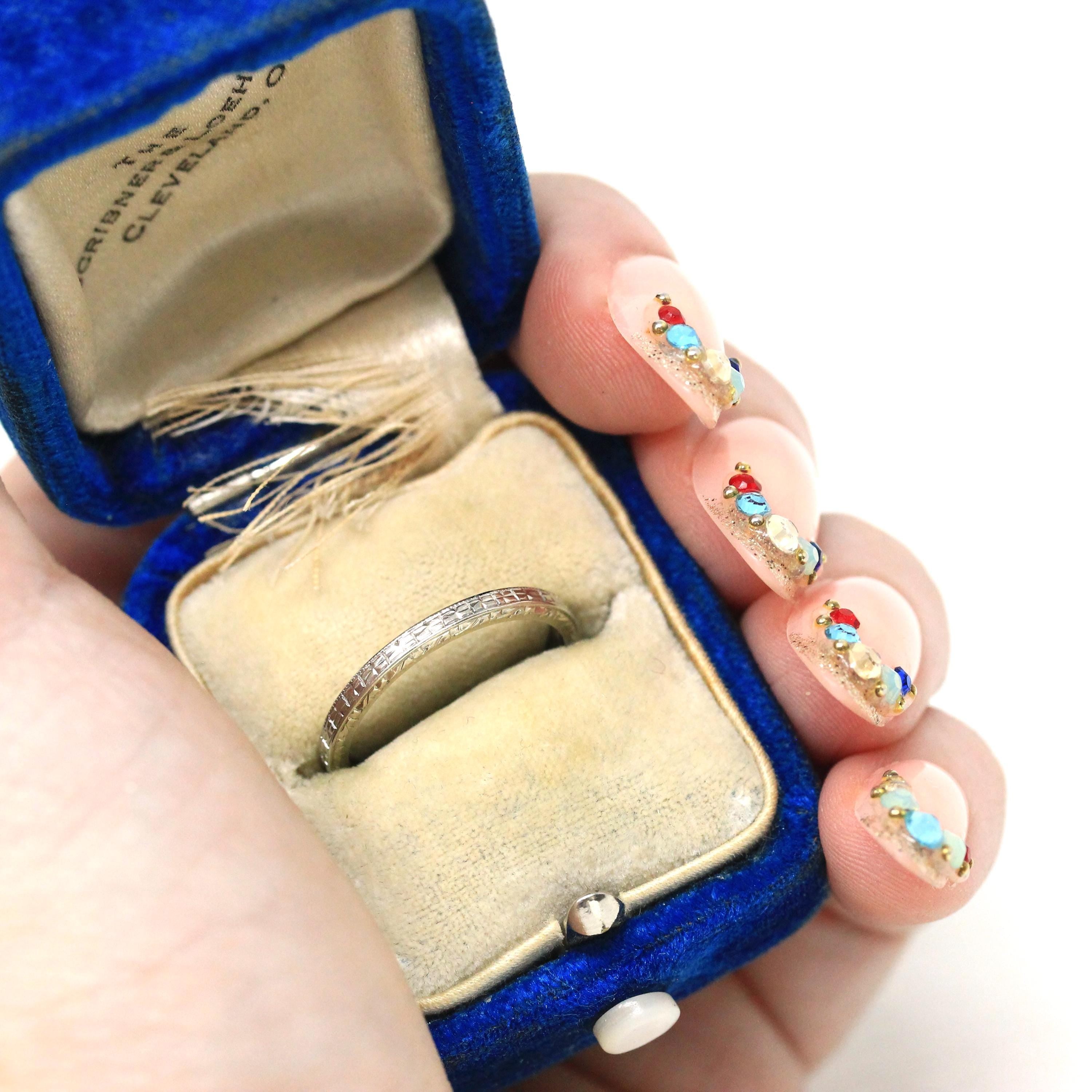 Antique Wedding Band - Art Deco Era 18k White Gold Eternity Design Ring - Vintage Dated 1934 Size 4 3/4 Stacking Bridal Fine 1930s Jewelry