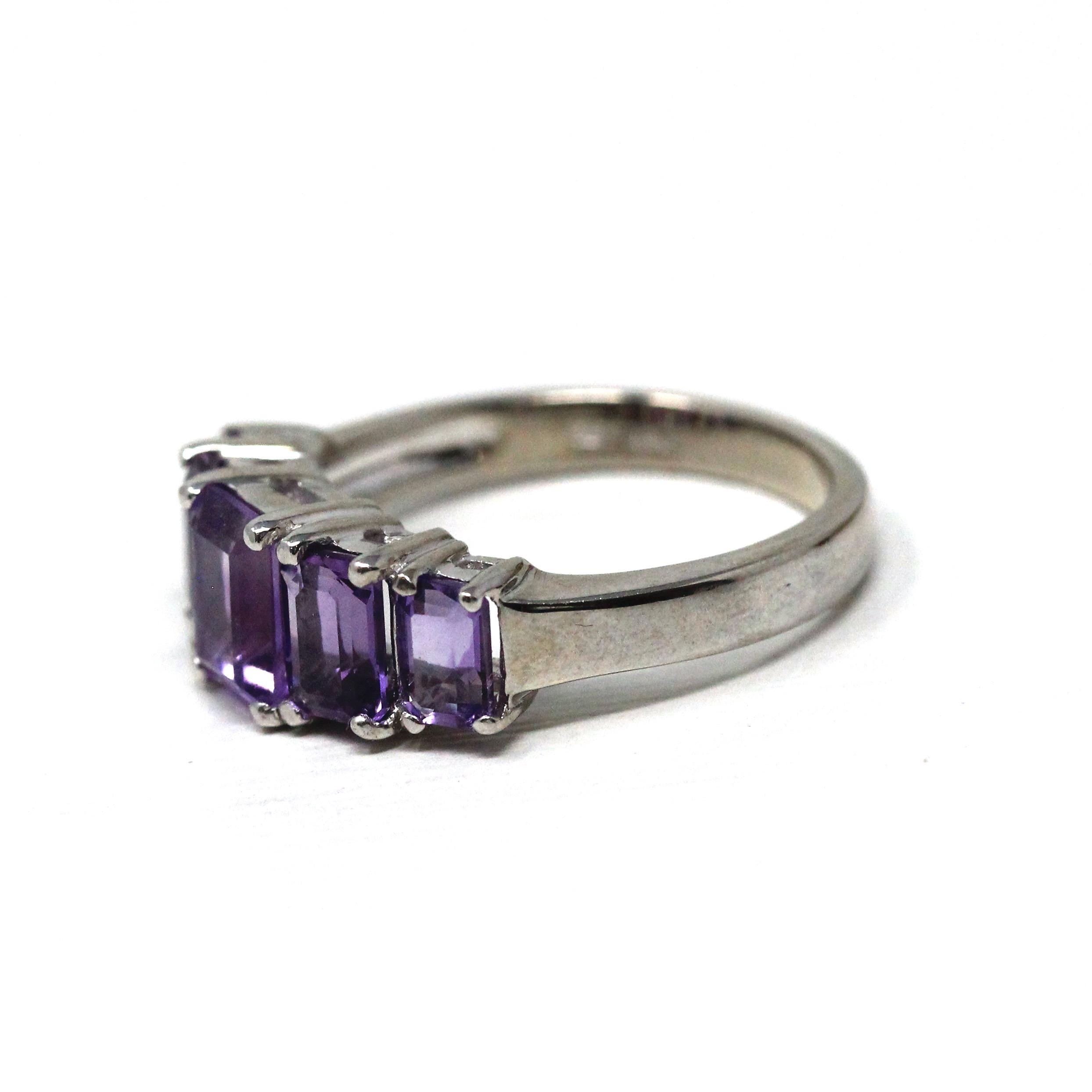 Modern Amethyst Ring - Vintage 14k White Gold Multi Five Rectangle Faceted Gemstones- Estate Circa 2000's Era Size 7 Fine Statement Jewelry
