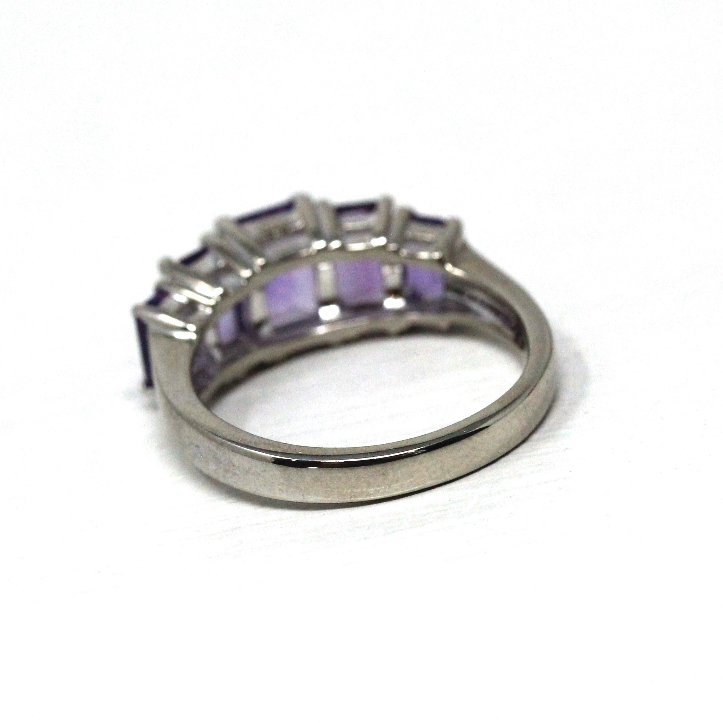 Modern Amethyst Ring - Vintage 14k White Gold Multi Five Rectangle Faceted Gemstones- Estate Circa 2000's Era Size 7 Fine Statement Jewelry