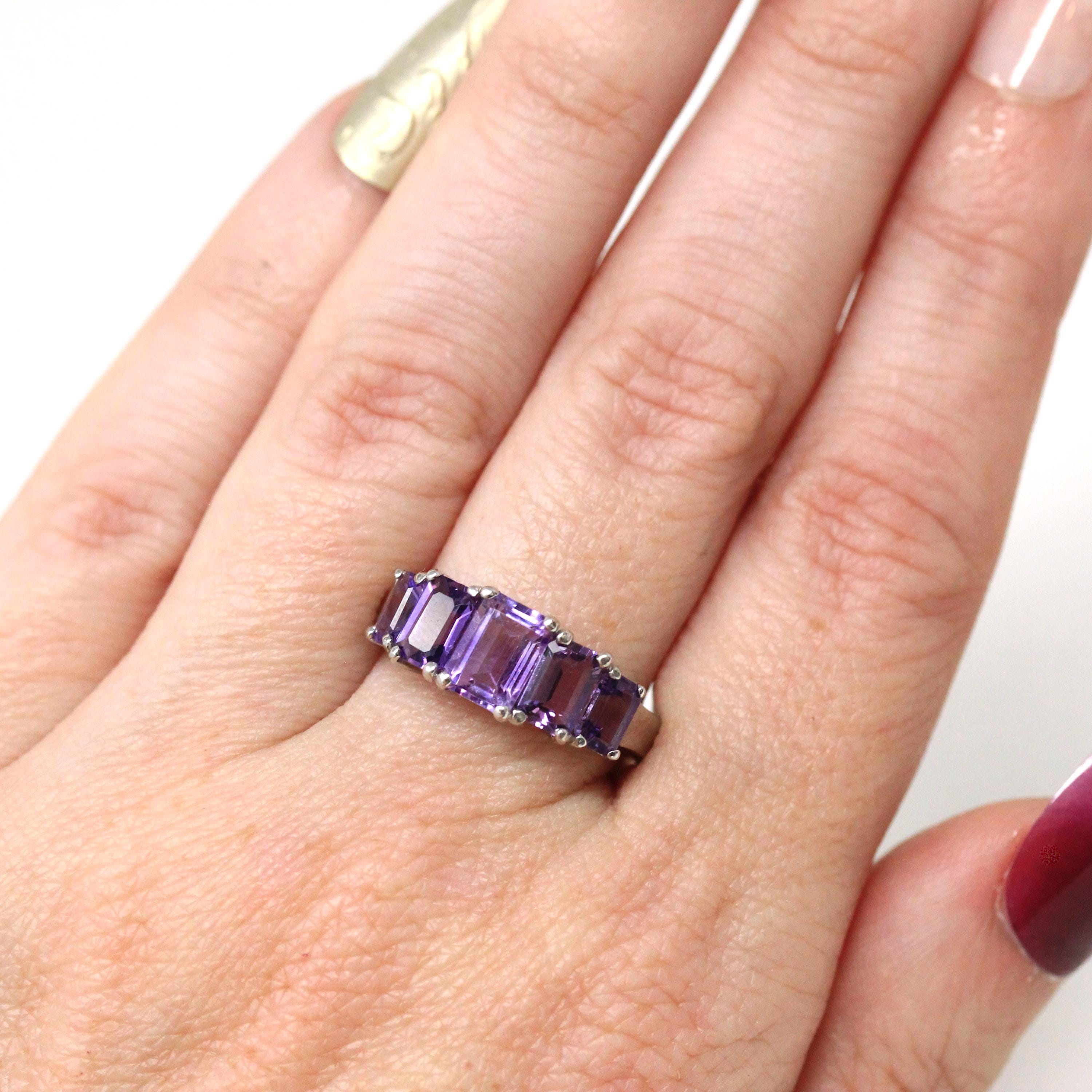 Modern Amethyst Ring - Vintage 14k White Gold Multi Five Rectangle Faceted Gemstones- Estate Circa 2000's Era Size 7 Fine Statement Jewelry