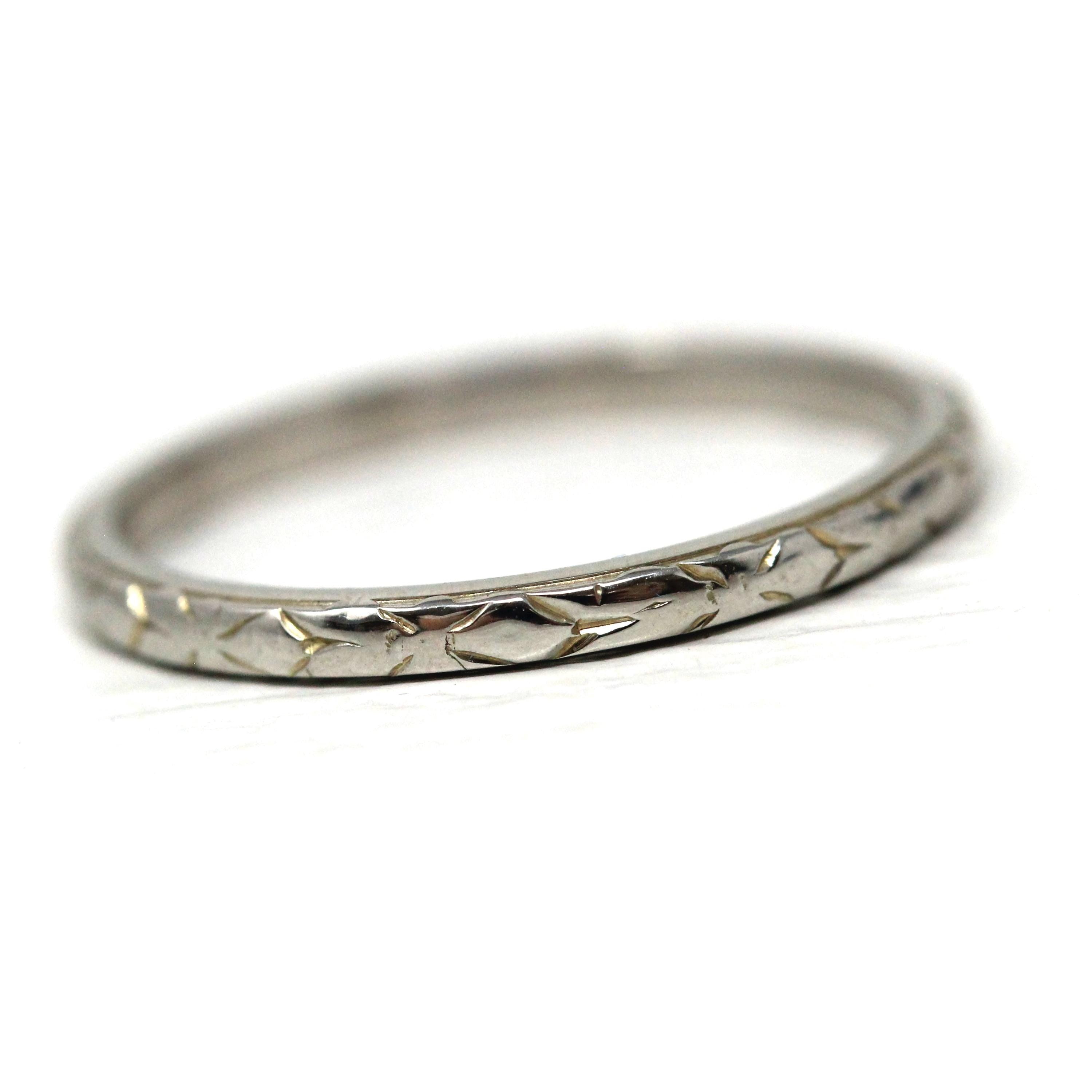 Antique Wedding Band - Art Deco Era 18k White Gold Faint Engraved Design Ostby & Barton Ring - Circa 1923 Size 5 3/4 Bridal Fine 20s Jewelry