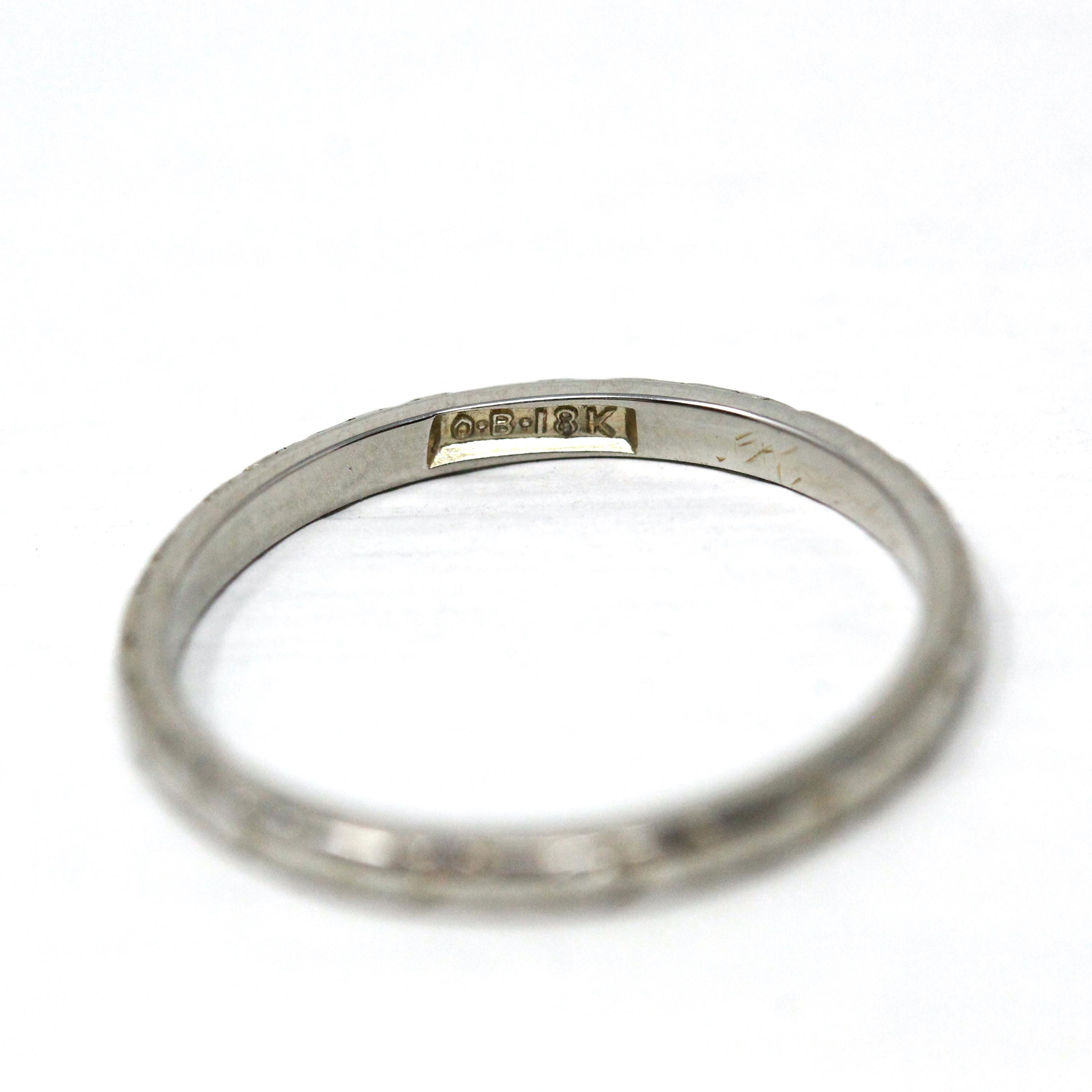 Antique Wedding Band - Art Deco Era 18k White Gold Faint Engraved Design Ostby & Barton Ring - Circa 1923 Size 5 3/4 Bridal Fine 20s Jewelry
