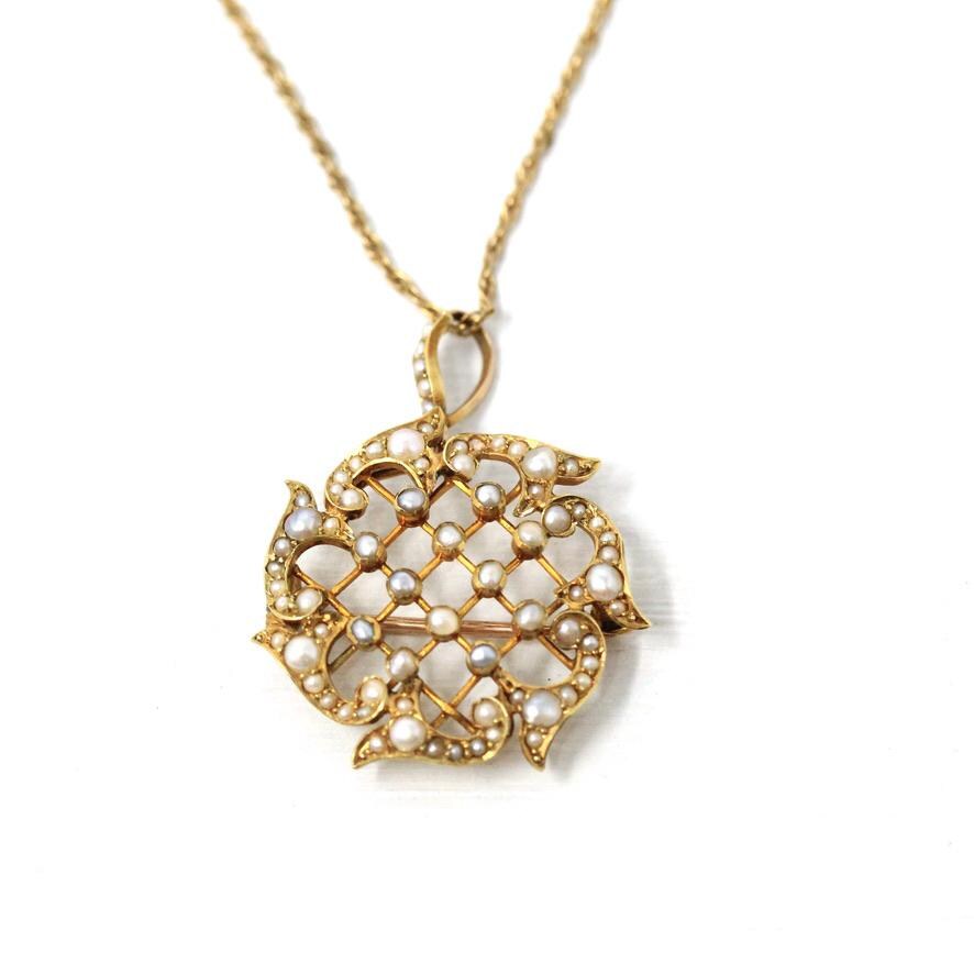 Antique Lattice Necklace - Edwardian 15CT English Yellow Gold & Seed Pearls Brooch Pendant - Circa 1910s Fine Floral Nature Inspired Jewelry