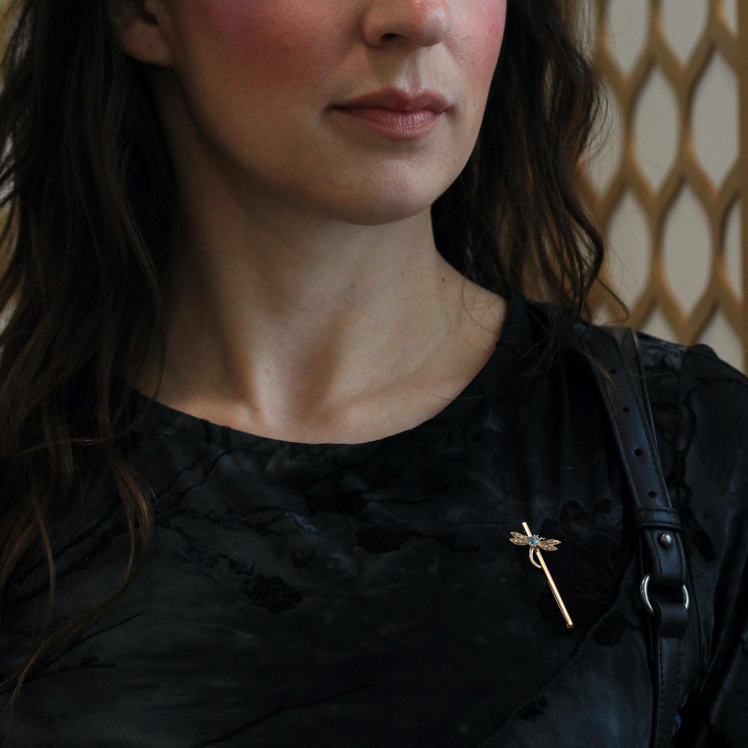 Zircon Dragonfly Brooch - Edwardian 9k Yellow Gold Natural Blue Gem Seed Pearls - Antique 1910s Bug Insect December Birthstone Fine Jewelry