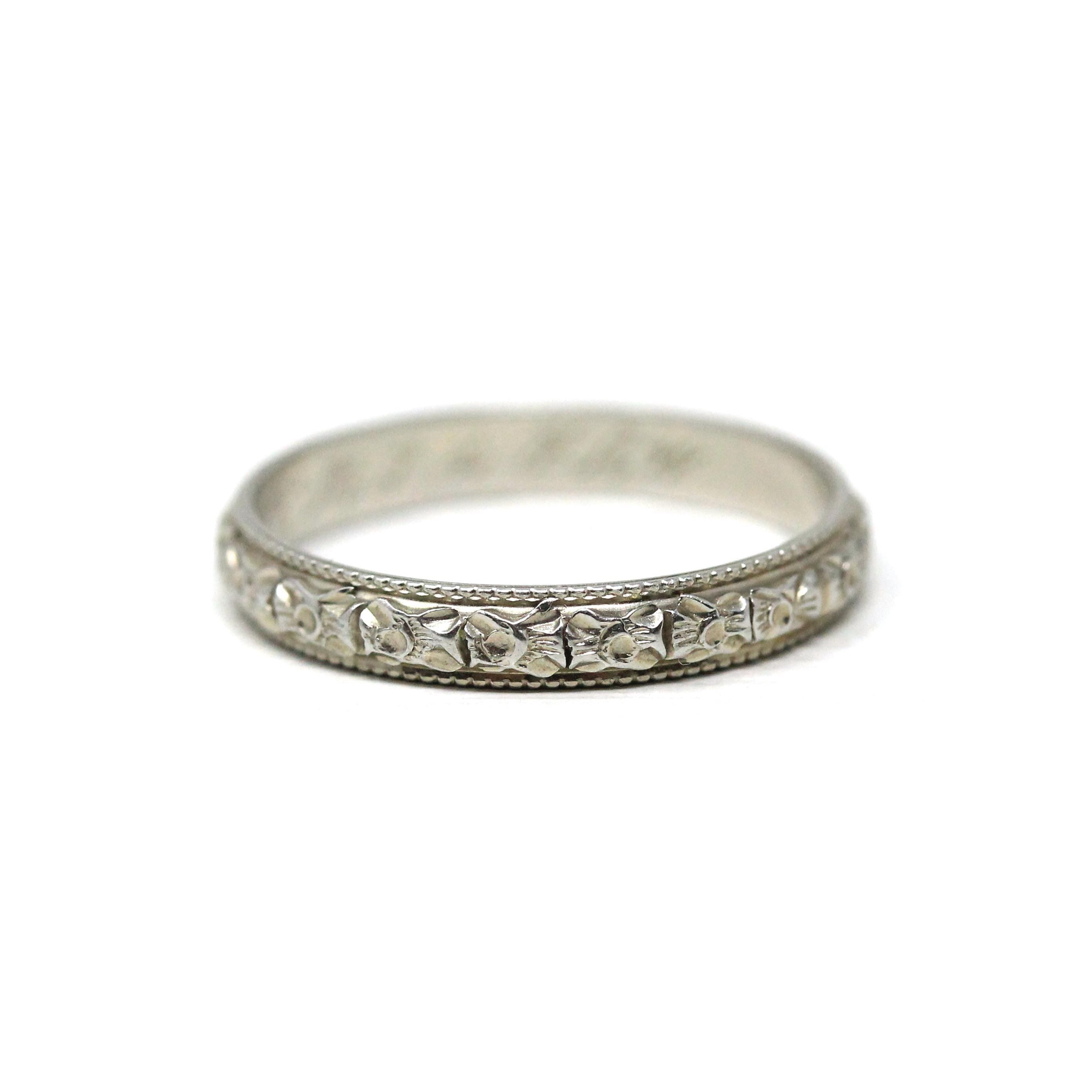 Floral Wedding Band - Vintage Art Deco 18k White Gold Flower Eternity Ring - Circa 1930s Era Size 6 3/4 Bridal Unisex Engraved Fine Jewelry