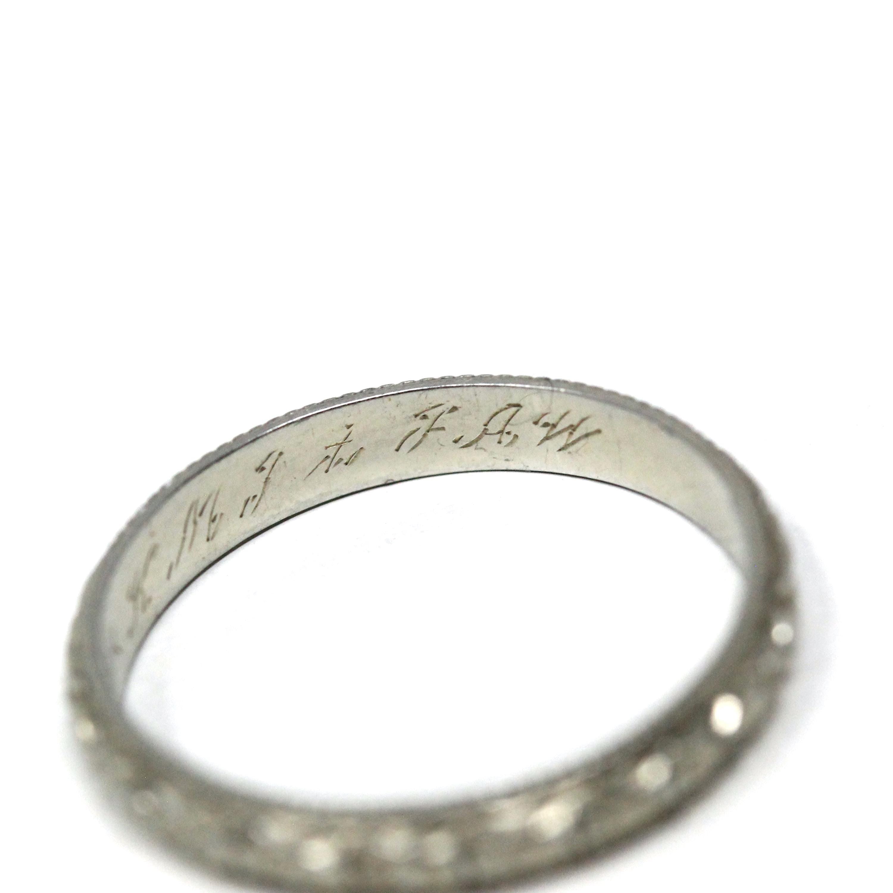 Floral Wedding Band - Vintage Art Deco 18k White Gold Flower Eternity Ring - Circa 1930s Era Size 6 3/4 Bridal Unisex Engraved Fine Jewelry