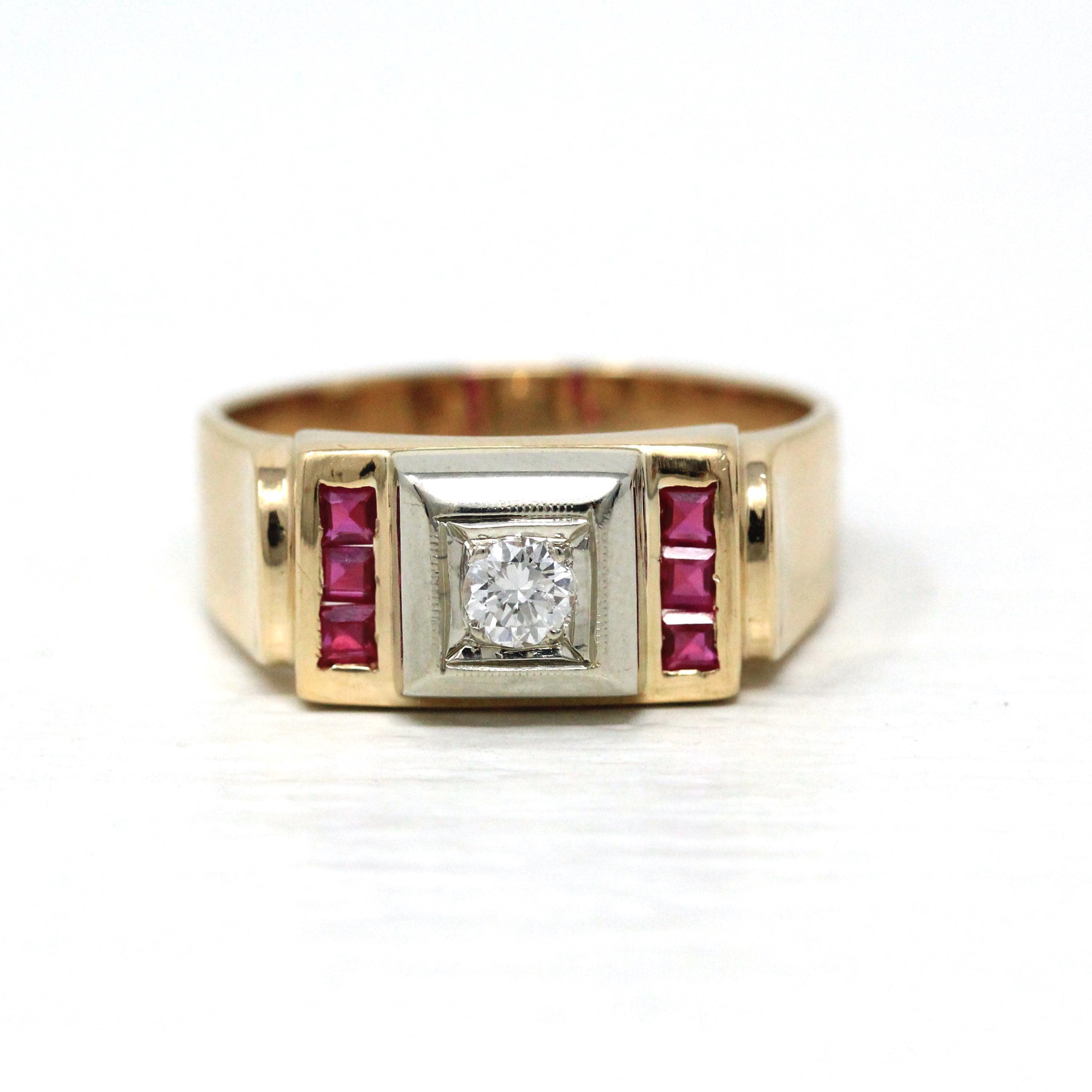 Vintage Diamond Ring - Retro 14k Yellow & White Gold Created Ruby Statement - Circa 1940s Size 10 1/4 Two Tone Men's Unisex Fine 40s Jewelry