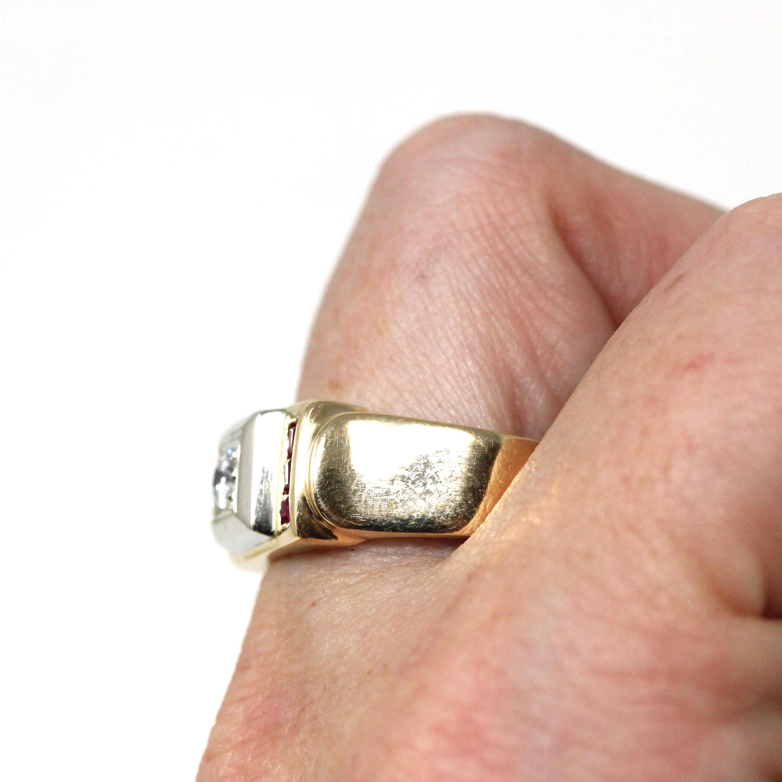 Vintage Diamond Ring - Retro 14k Yellow & White Gold Created Ruby Statement - Circa 1940s Size 10 1/4 Two Tone Men's Unisex Fine 40s Jewelry