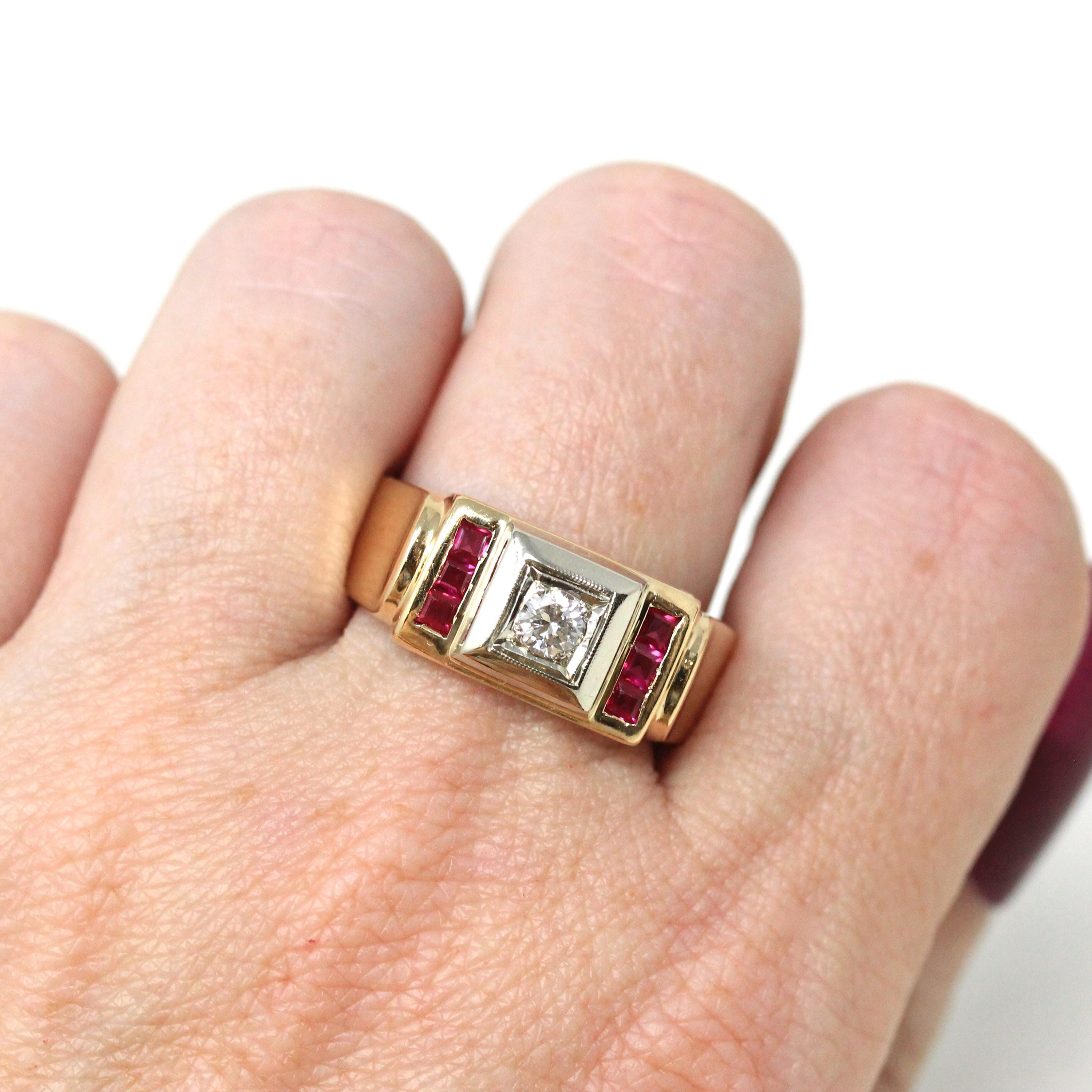 Vintage Diamond Ring - Retro 14k Yellow & White Gold Created Ruby Statement - Circa 1940s Size 10 1/4 Two Tone Men's Unisex Fine 40s Jewelry