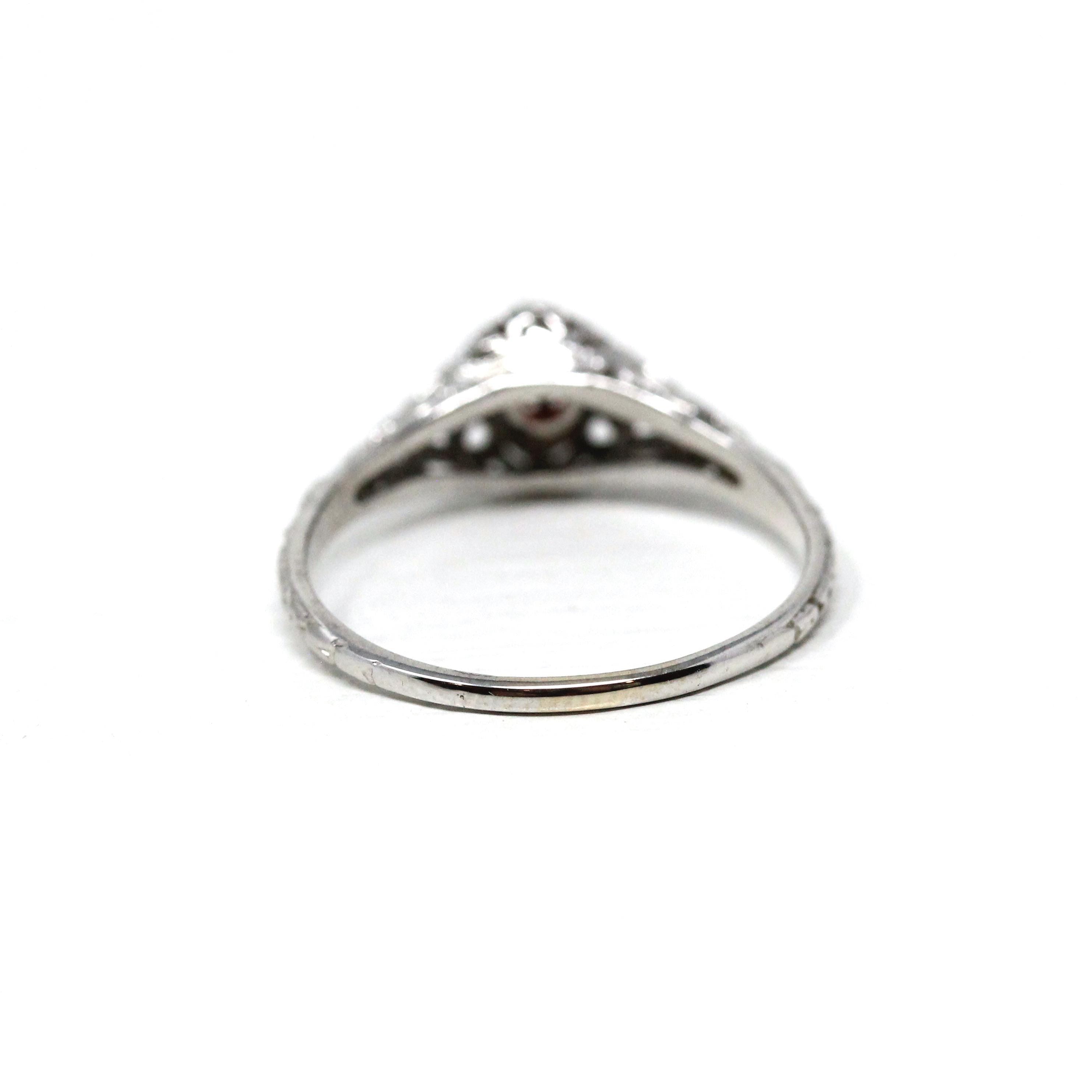 Art Deco Garnet Ring - Vintage 18k White Gold Natural Red Gemstone - Circa 1930s Era Size 8 3/4 Filigree January Birthstone Fine 30s Jewelry