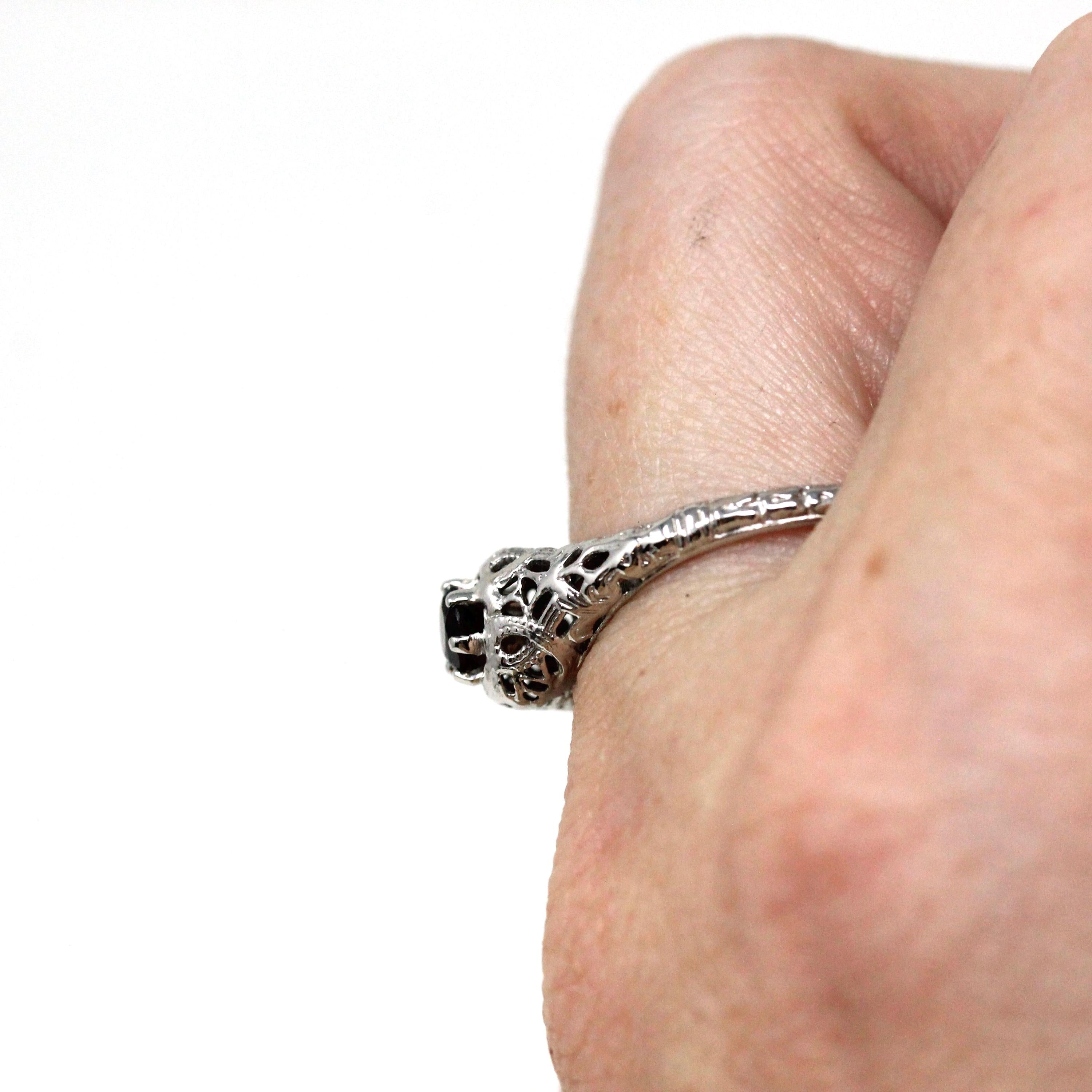 Art Deco Garnet Ring - Vintage 18k White Gold Natural Red Gemstone - Circa 1930s Era Size 8 3/4 Filigree January Birthstone Fine 30s Jewelry