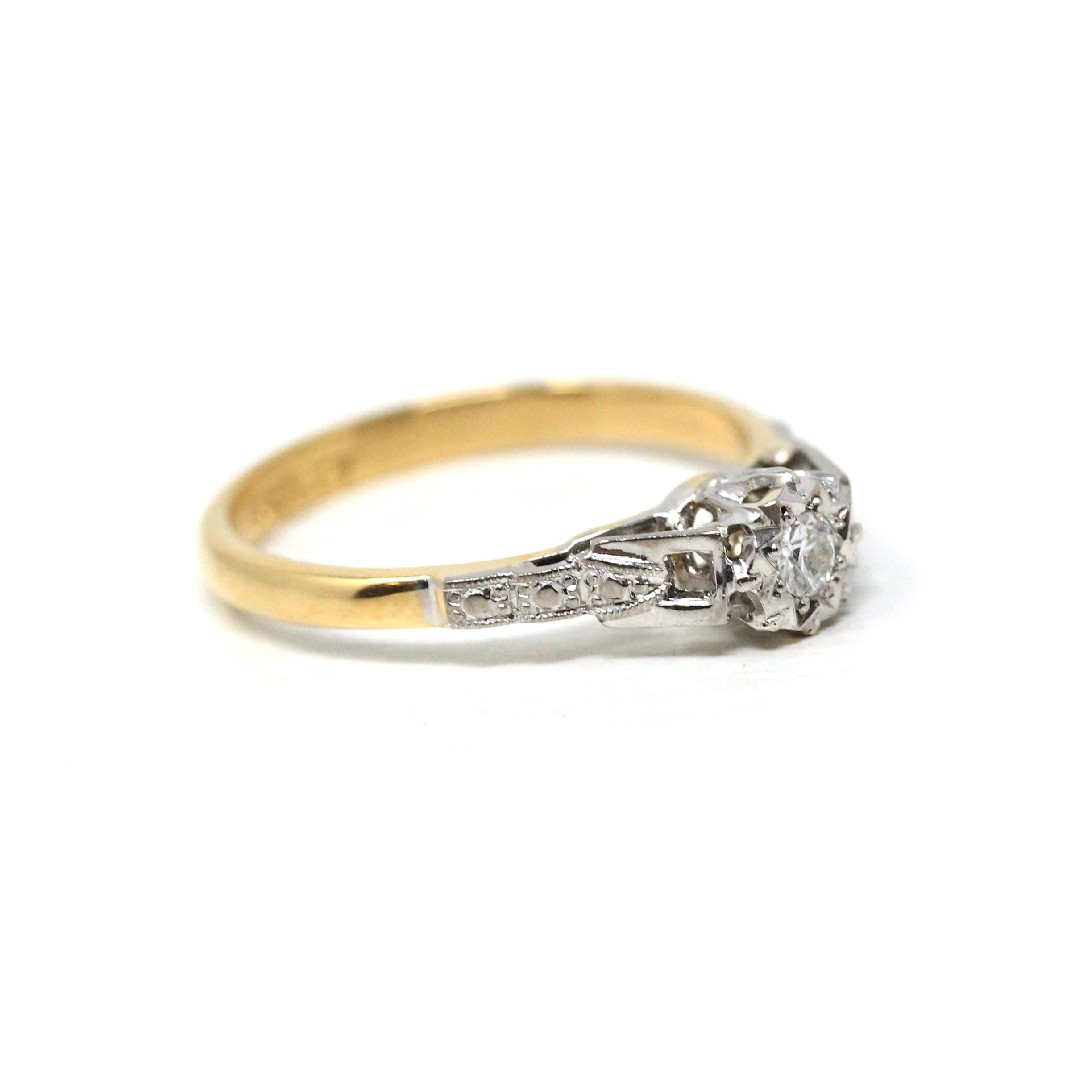 Star Diamond Ring - Retro Era English 18k Yellow Gold & Platinum Natural .10 CT Engagement Ring - Circa 1970s Size 5 3/4 Fine Bridal Jewelry