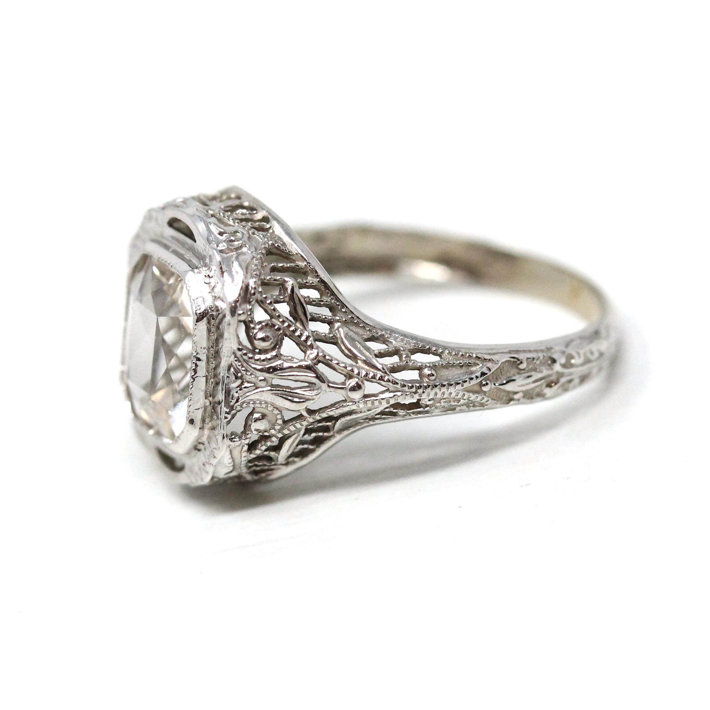 Antique Aquamarine Ring - Art Deco Era 14k White Gold Light Blue Gemstone - Vintage 1920s Size 5 1/4 Filigree Fine March Birthstone Jewelry