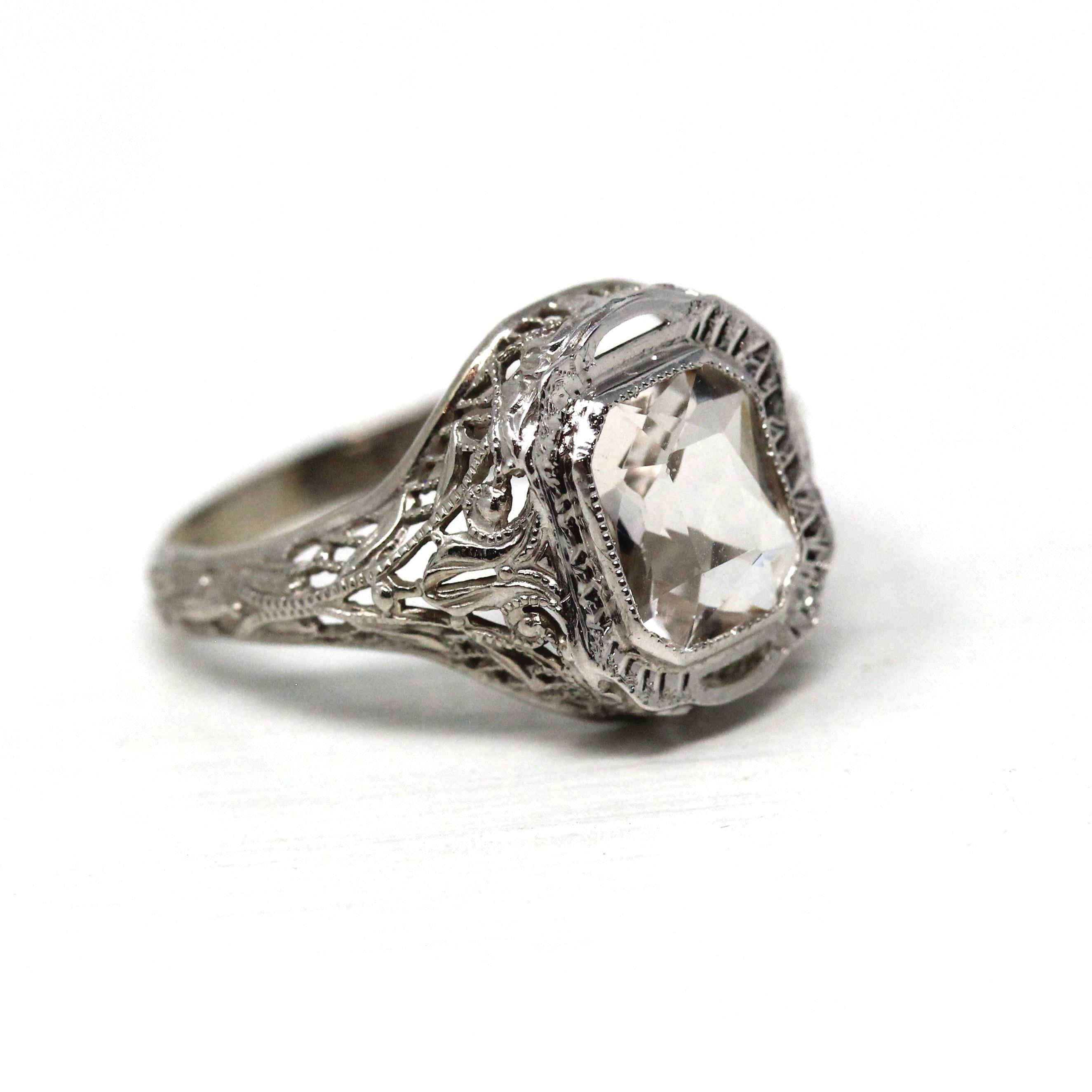 Antique Aquamarine Ring - Art Deco Era 14k White Gold Light Blue Gemstone - Vintage 1920s Size 5 1/4 Filigree Fine March Birthstone Jewelry