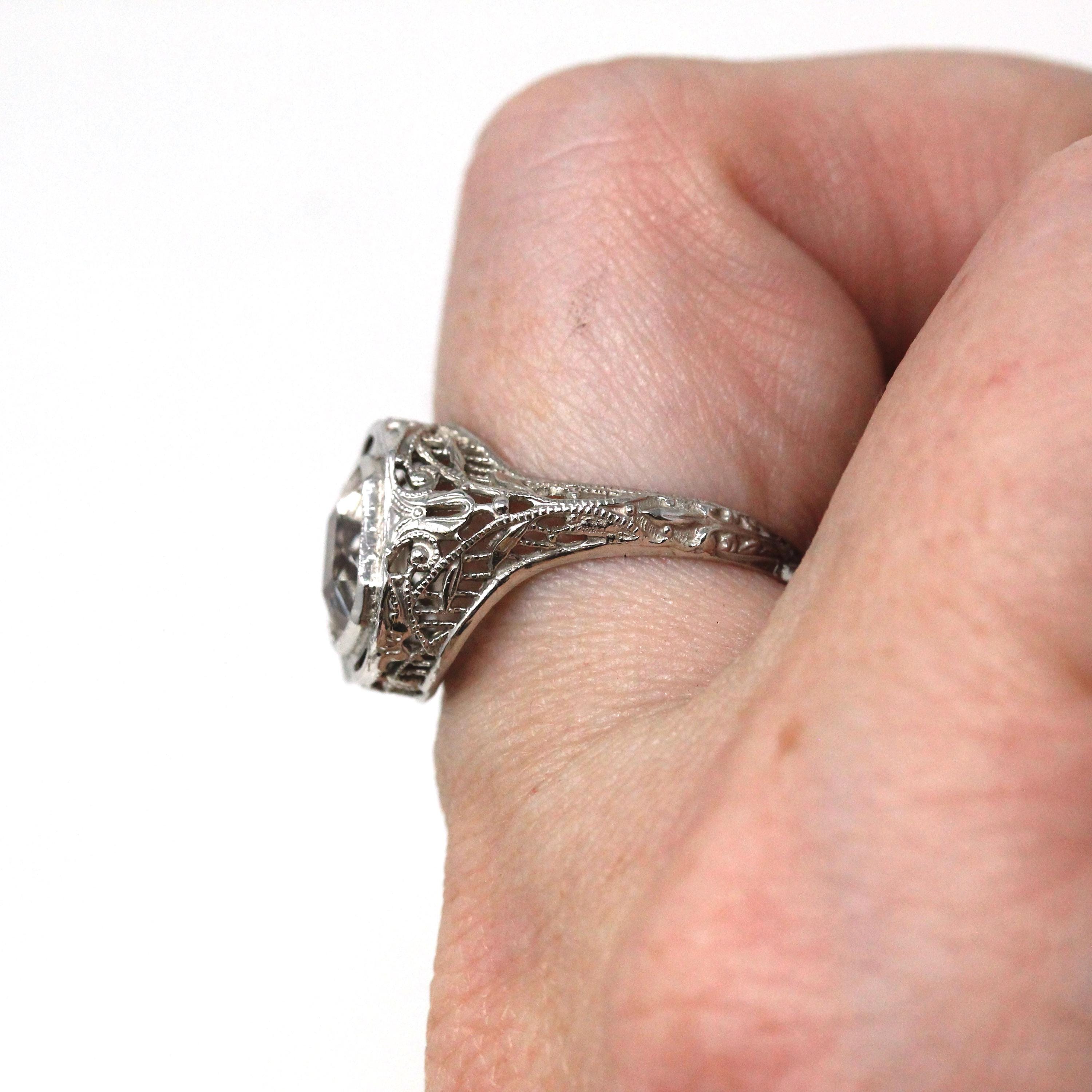 Antique Aquamarine Ring - Art Deco Era 14k White Gold Light Blue Gemstone - Vintage 1920s Size 5 1/4 Filigree Fine March Birthstone Jewelry