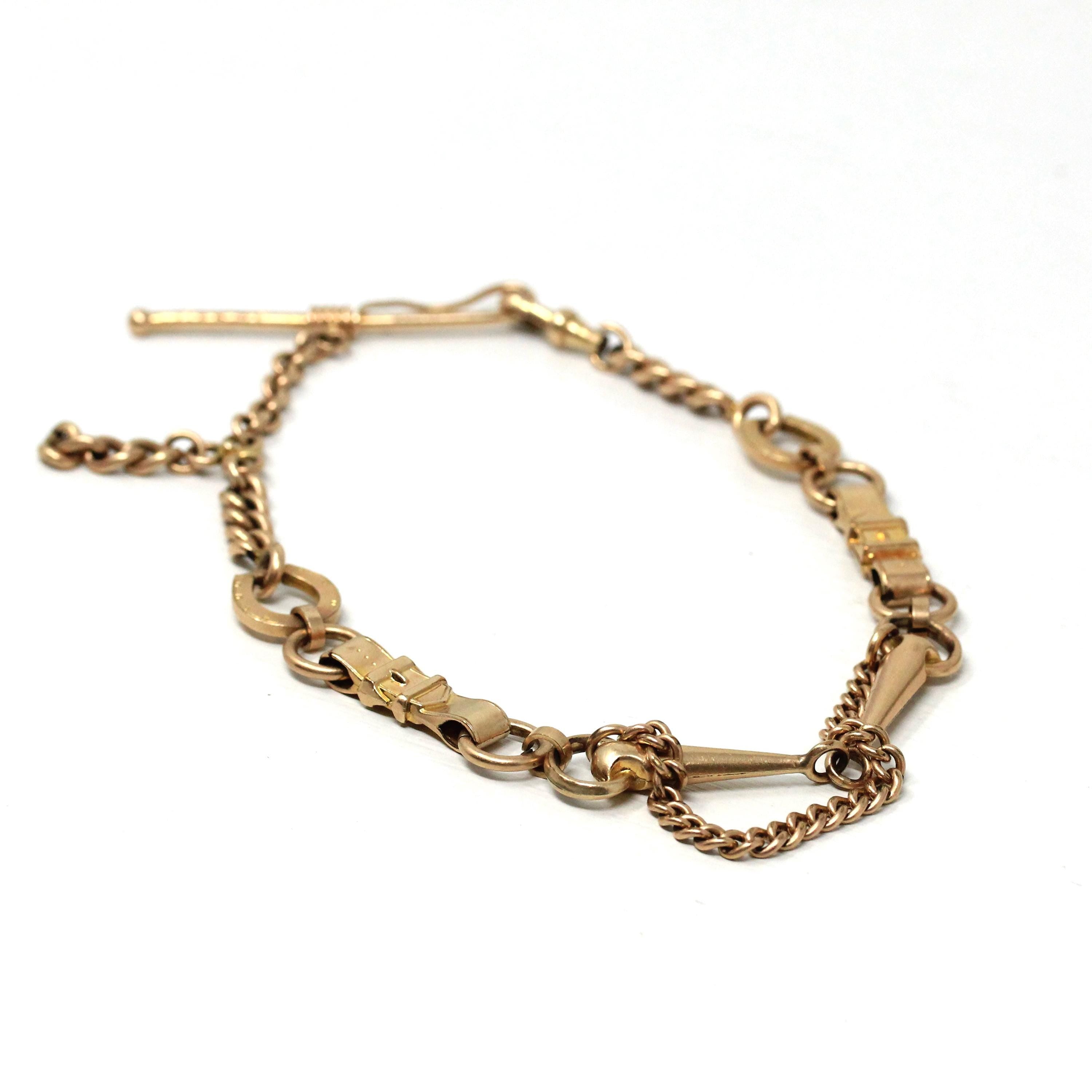 Equestrian Pocket Watch Chain - Victorian Gold Filled Riding Crop T Bar Swivel Clip - Antique Circa 1890s Era Horse Bridle Unisex Jewelry