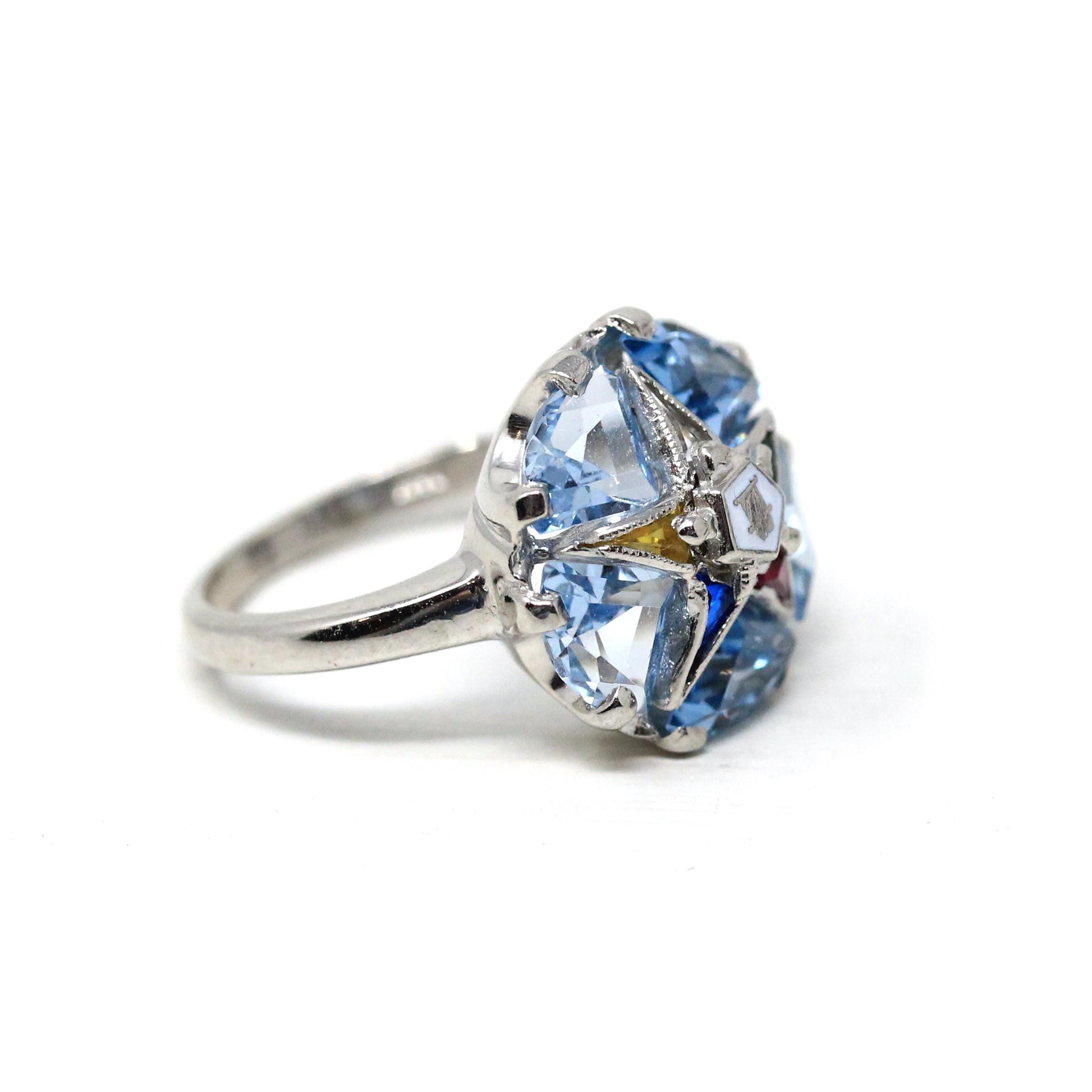 Vintage OES Ring - Mid Century 10k White Gold Created Spinel & Sapphire Statement - Circa 1950s Size 3 1/2 Order Of The Eastern Star Jewelry