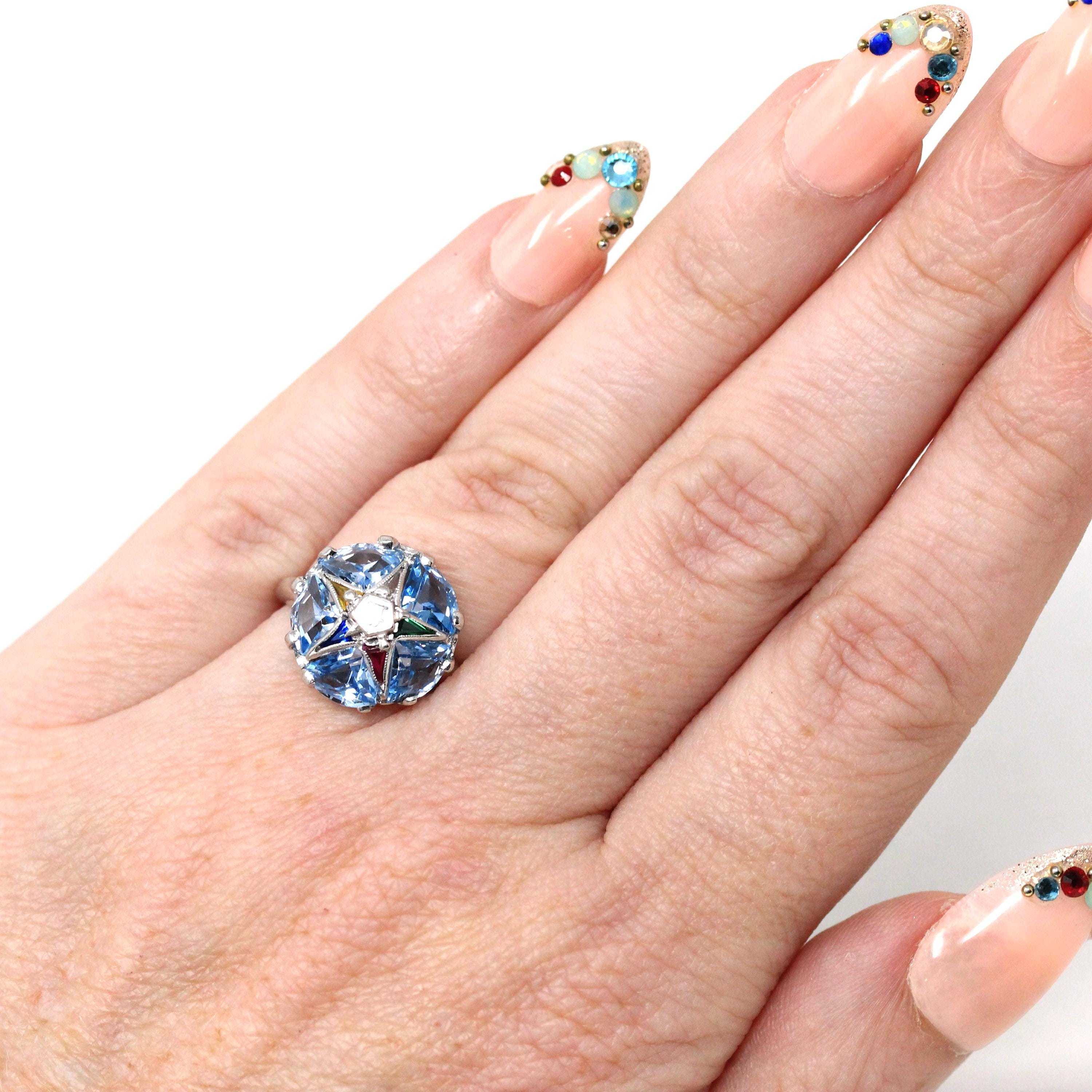 Vintage OES Ring - Mid Century 10k White Gold Created Spinel & Sapphire Statement - Circa 1950s Size 3 1/2 Order Of The Eastern Star Jewelry