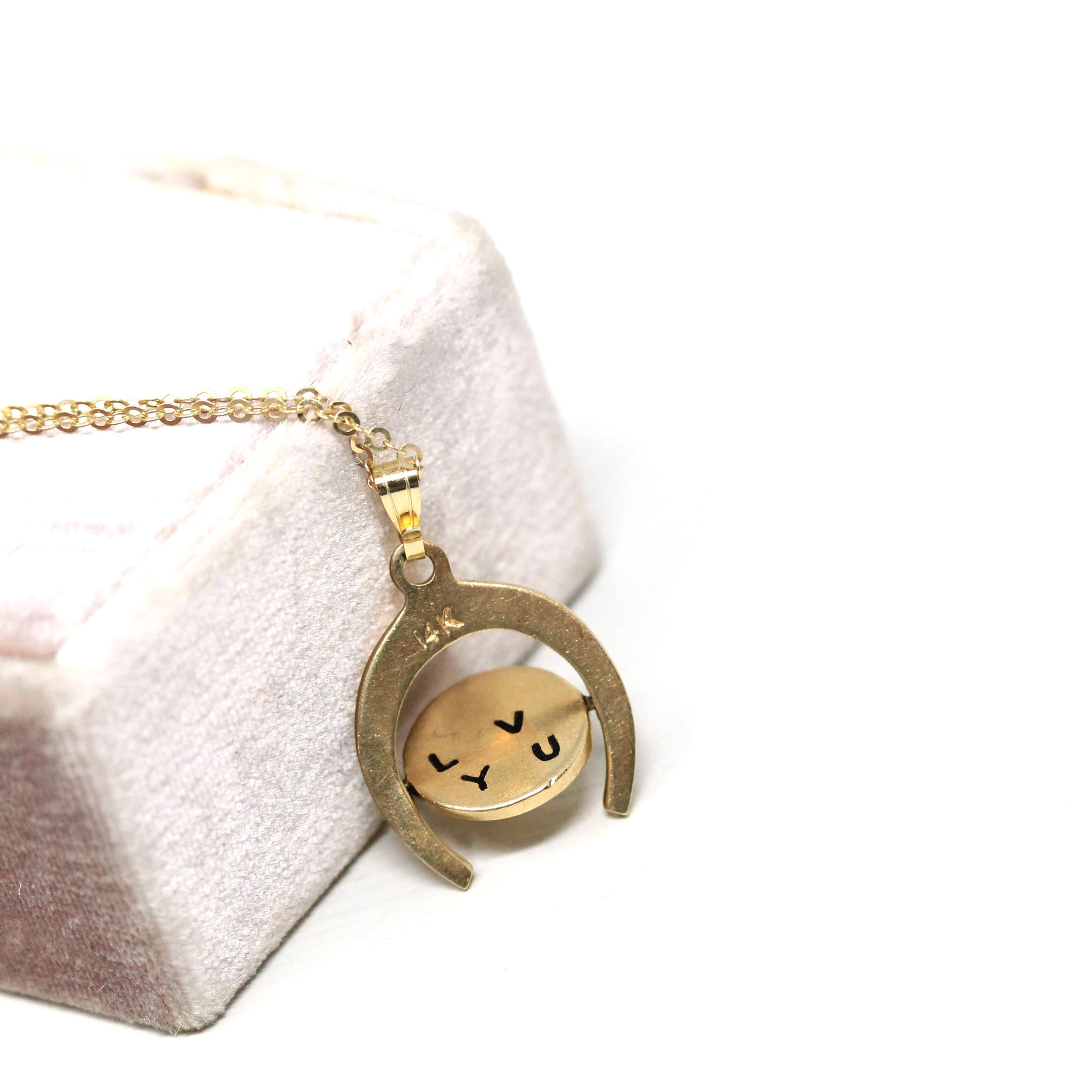 Spinner Charm Necklace - Vintage 14k Yellow Gold Enamel "I LOVE YOU" Round Horseshoe Pendant - Retro Circa 1970s Moving Disc Fine Jewelry