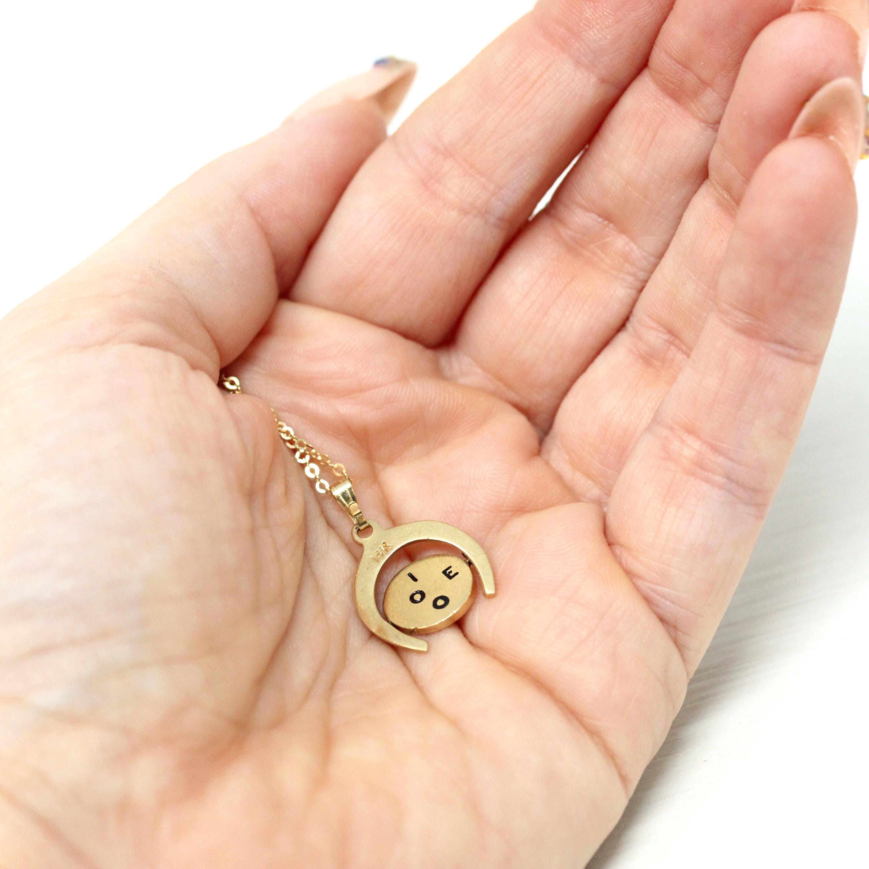 Spinner Charm Necklace - Vintage 14k Yellow Gold Enamel "I LOVE YOU" Round Horseshoe Pendant - Retro Circa 1970s Moving Disc Fine Jewelry