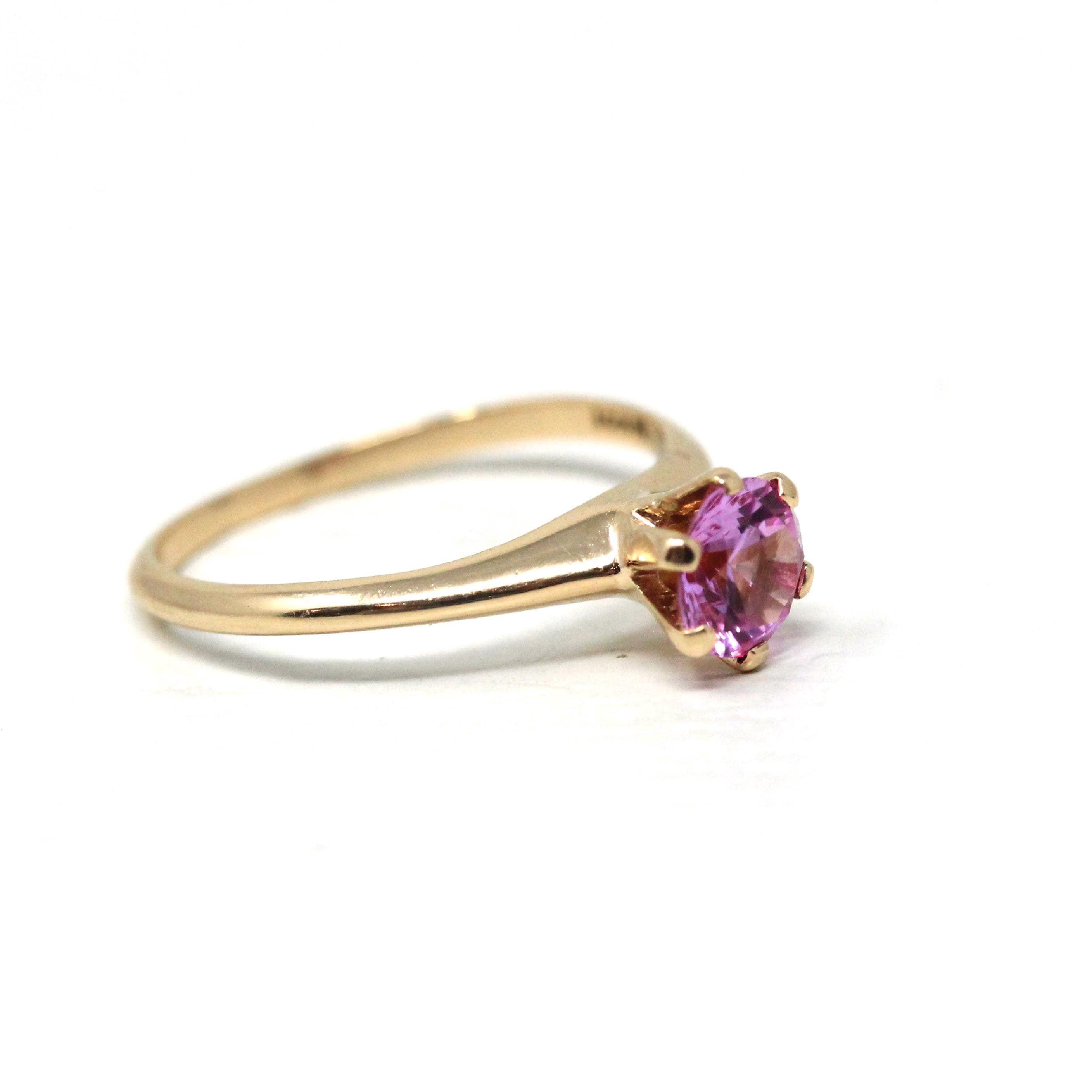 Created Pink Sapphire Ring - Retro 10k Yellow Gold Round Faceted Stone - Vintage Circa 1960s Era Size 6 1/2 Solitaire Style Fine 60s Jewelry