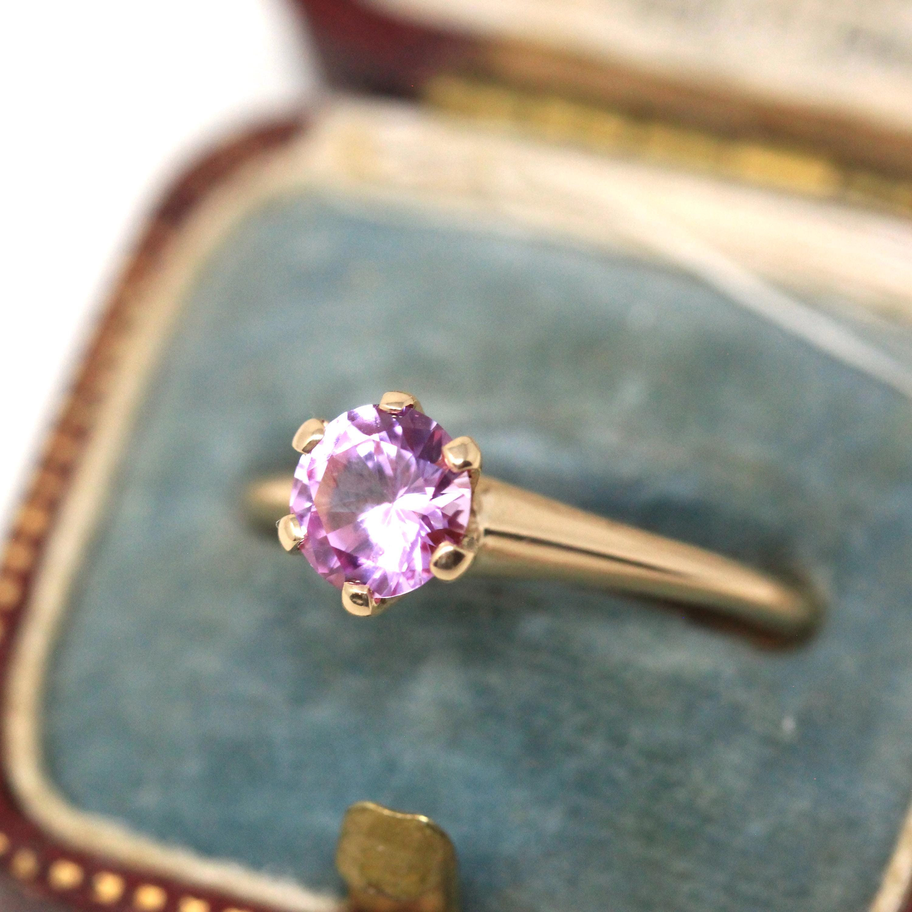 Created Pink Sapphire Ring - Retro 10k Yellow Gold Round Faceted Stone - Vintage Circa 1960s Era Size 6 1/2 Solitaire Style Fine 60s Jewelry